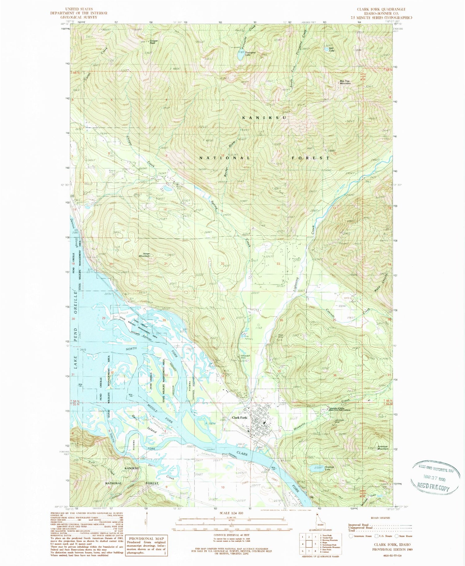 Classic USGS Clark Fork Idaho 7.5'x7.5' Topo Map Image