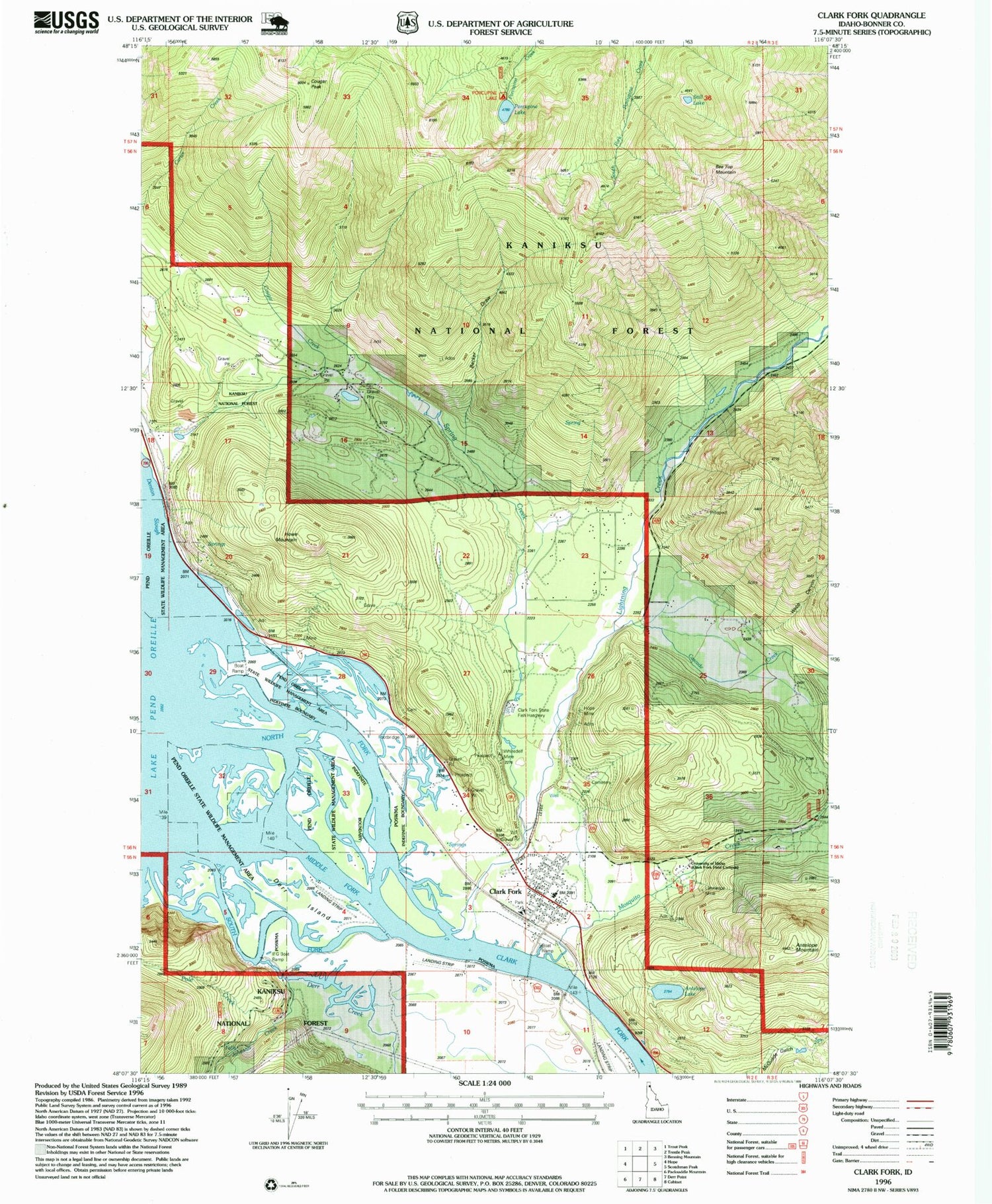 Classic USGS Clark Fork Idaho 7.5'x7.5' Topo Map Image