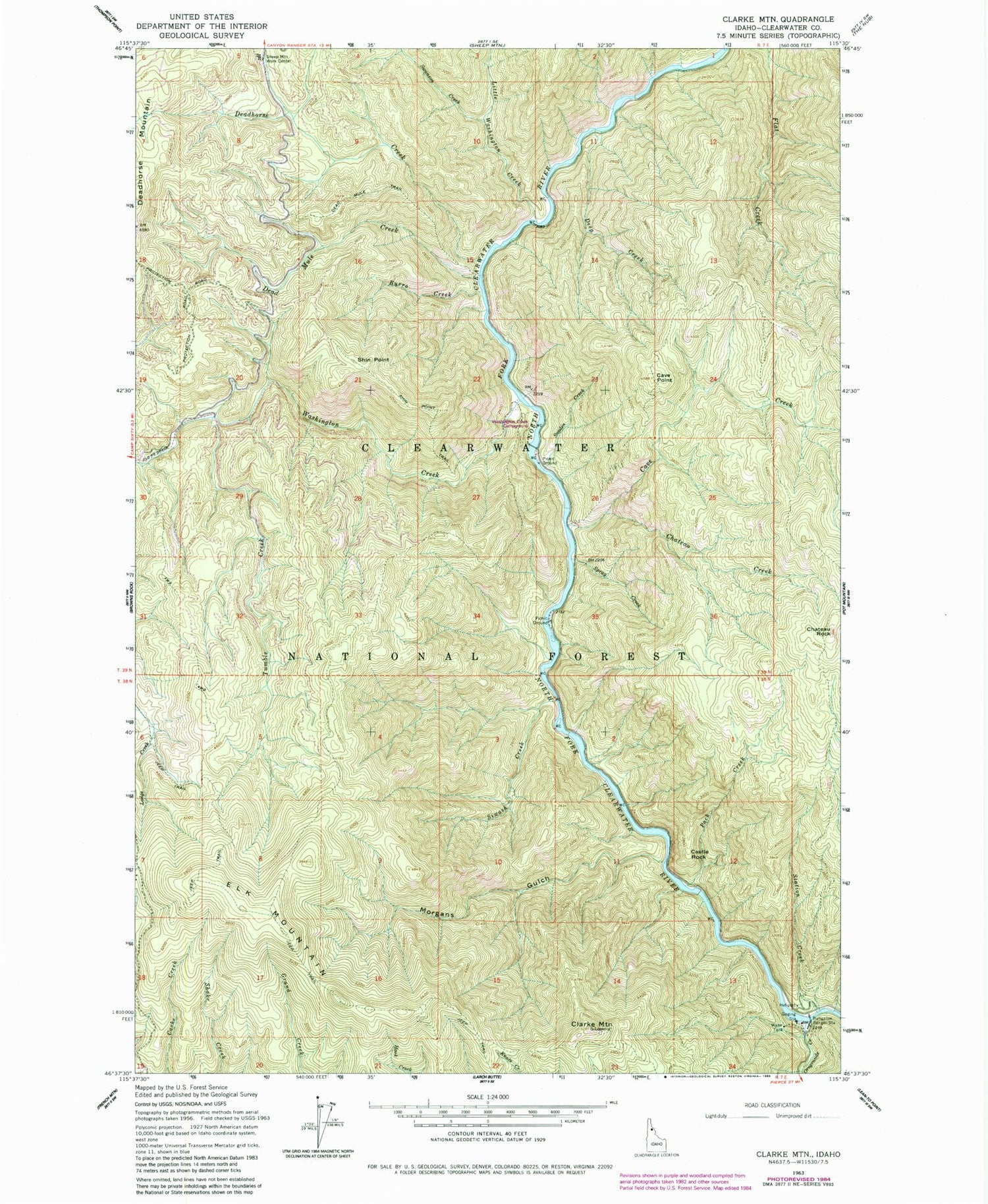 Classic USGS Clarke Mountain Idaho 7.5'x7.5' Topo Map Image