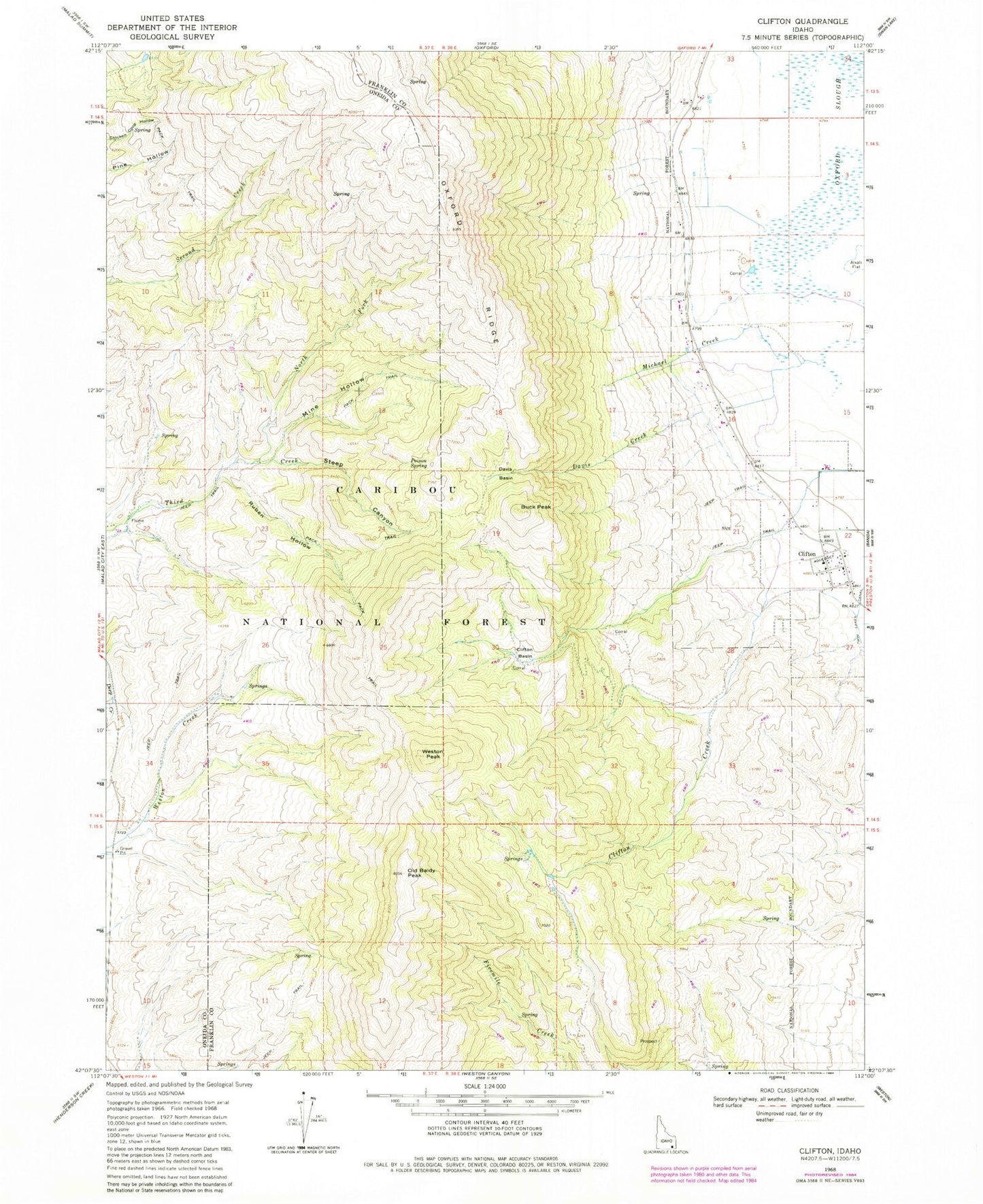 Classic USGS Clifton Idaho 7.5'x7.5' Topo Map Image
