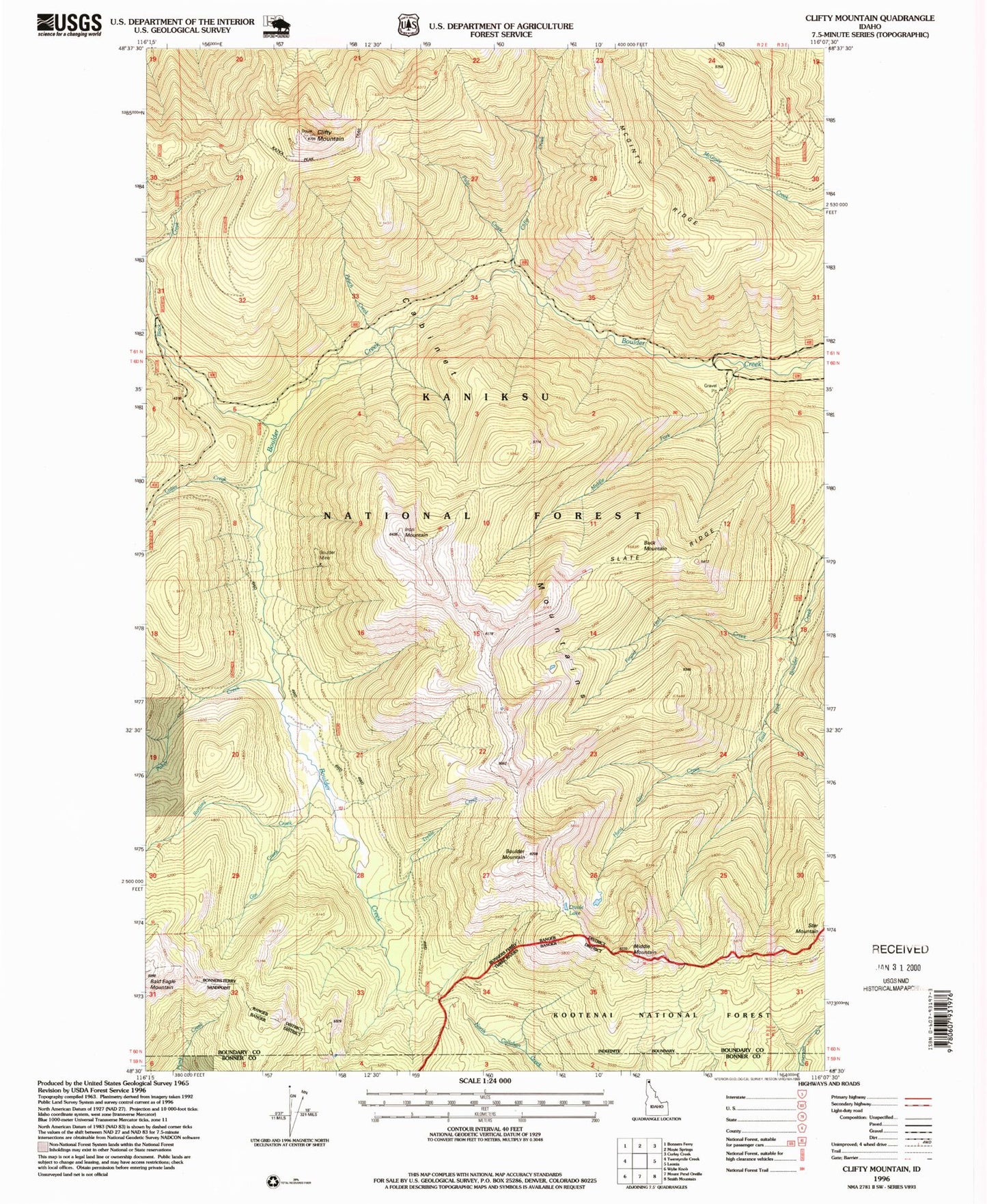 Classic USGS Clifty Mountain Idaho 7.5'x7.5' Topo Map Image