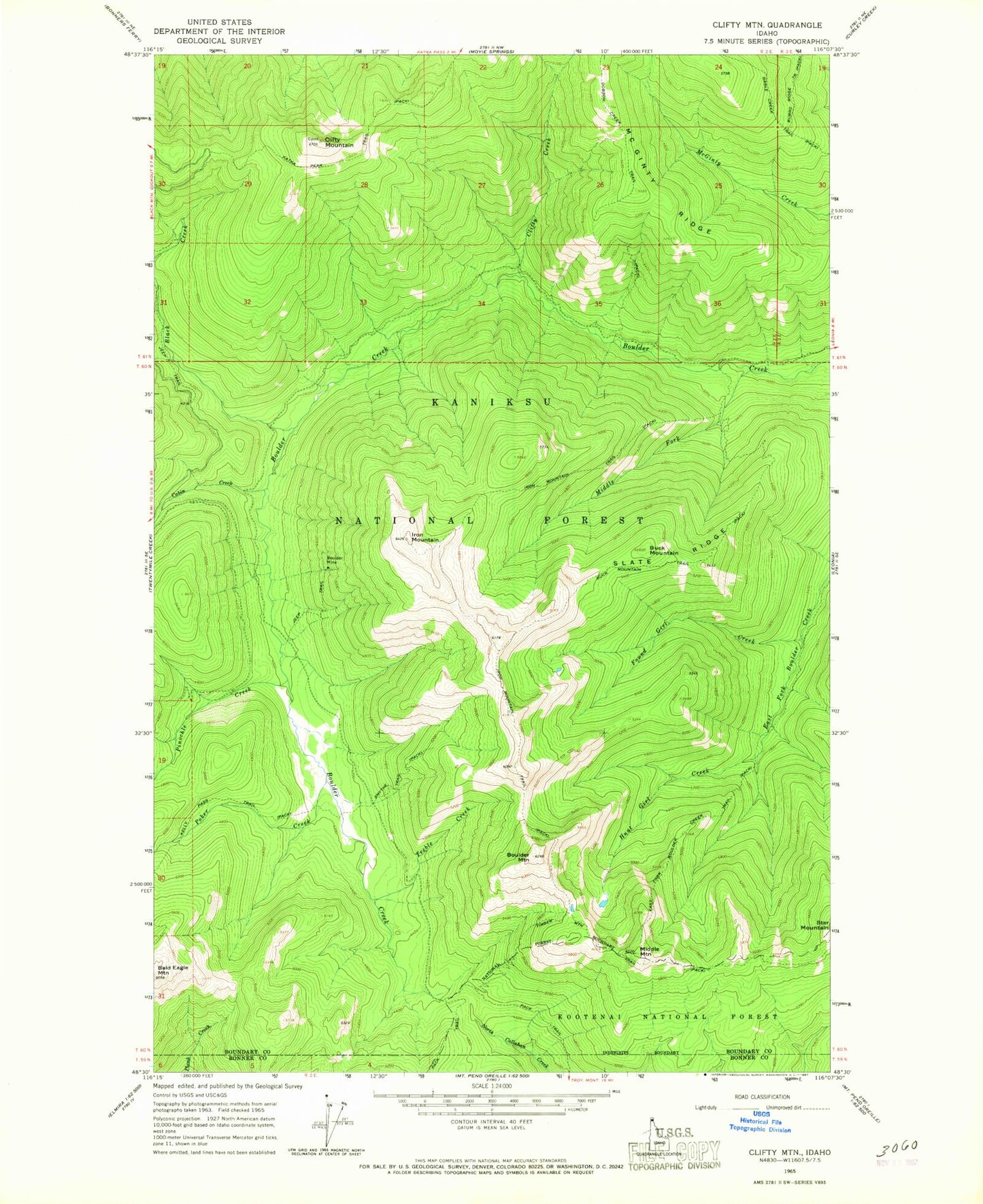 Classic USGS Clifty Mountain Idaho 7.5'x7.5' Topo Map Image