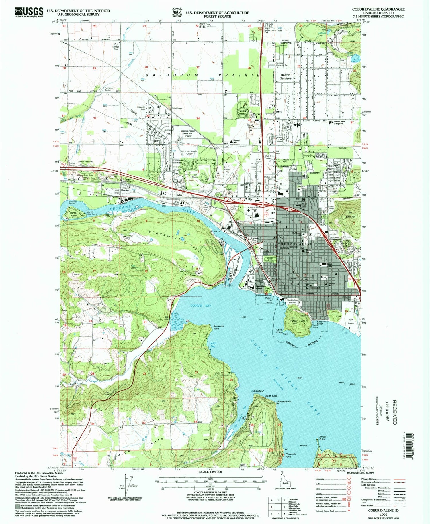 Classic USGS Coeur D'Alene Idaho 7.5'x7.5' Topo Map Image