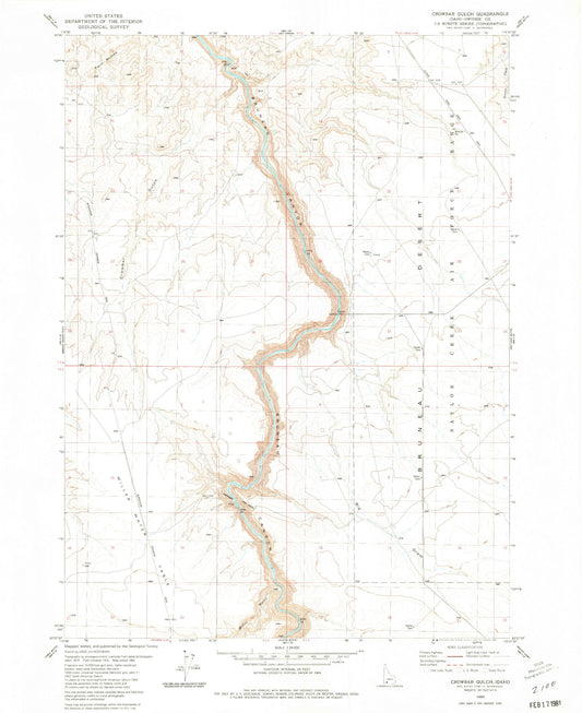Classic USGS Crowbar Gulch Idaho 7.5'x7.5' Topo Map Image