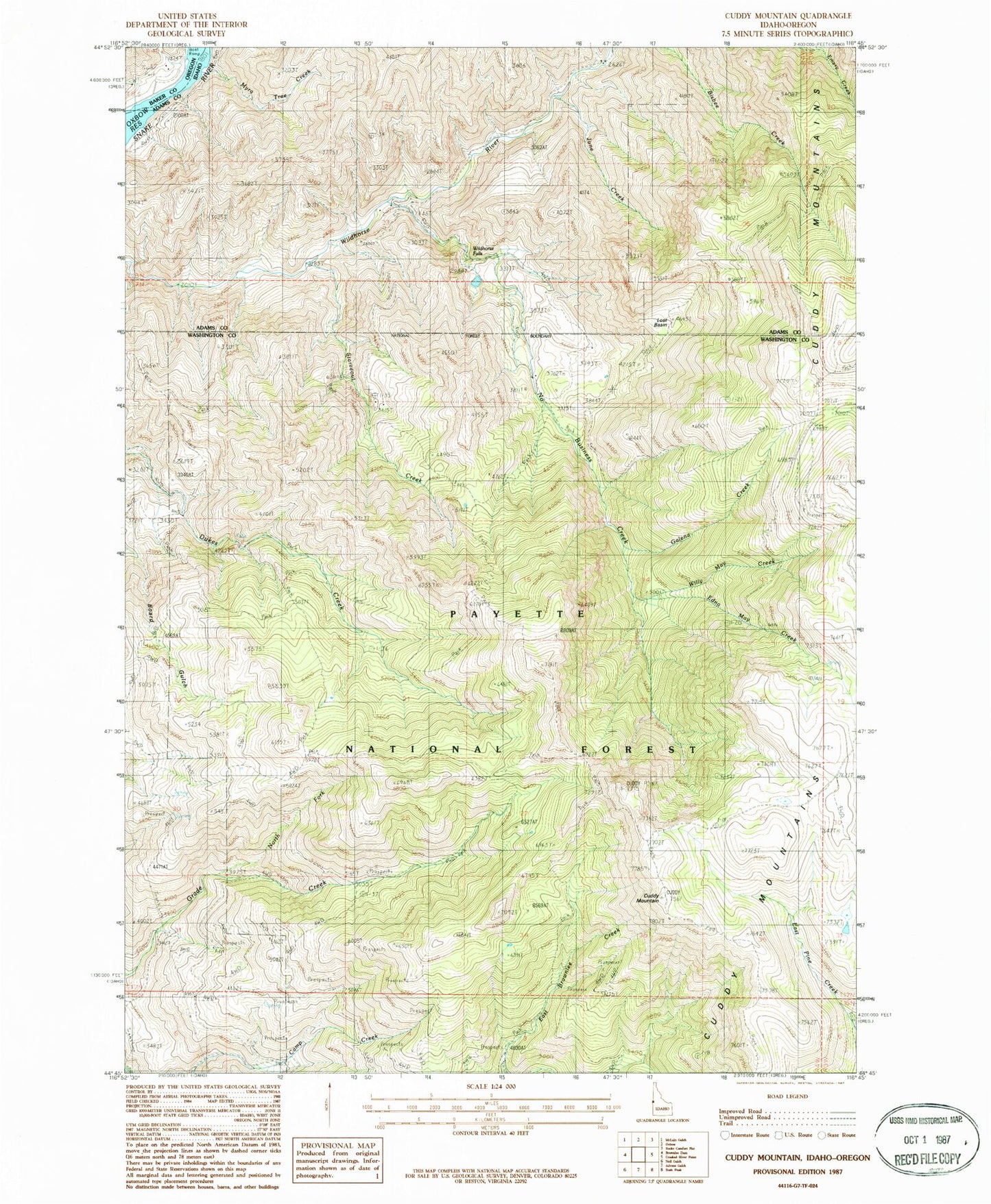 Classic USGS Cuddy Mountain Idaho 7.5'x7.5' Topo Map Image