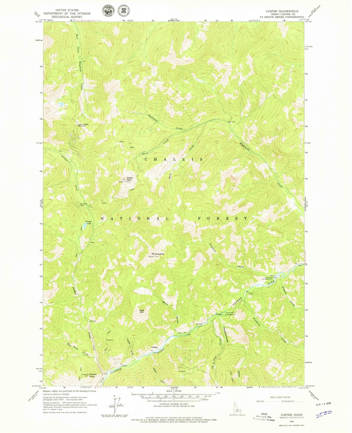 Classic USGS Custer Idaho 7.5'x7.5' Topo Map Image