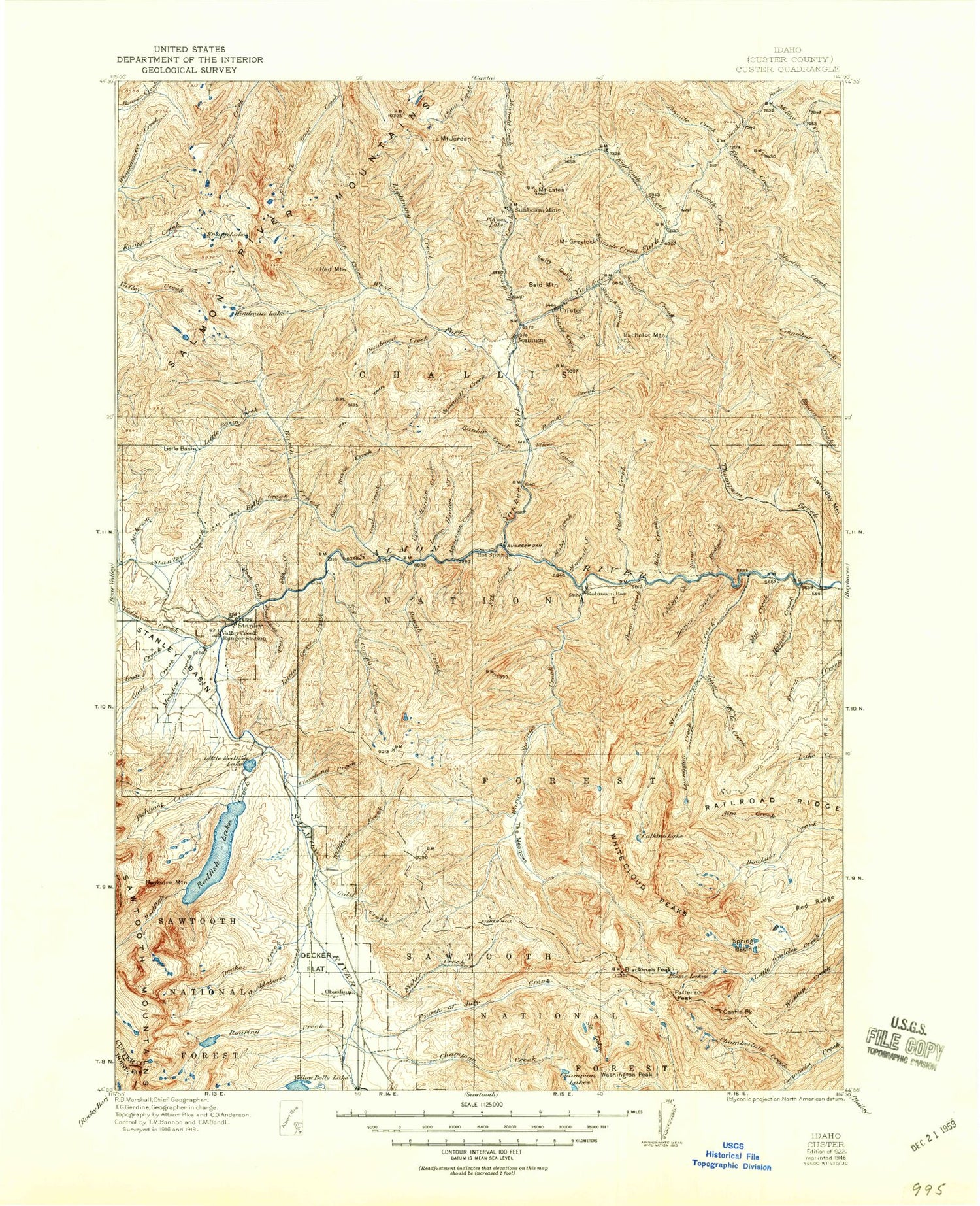 Historic 1922 Custer Idaho 30'x30' Topo Map Image