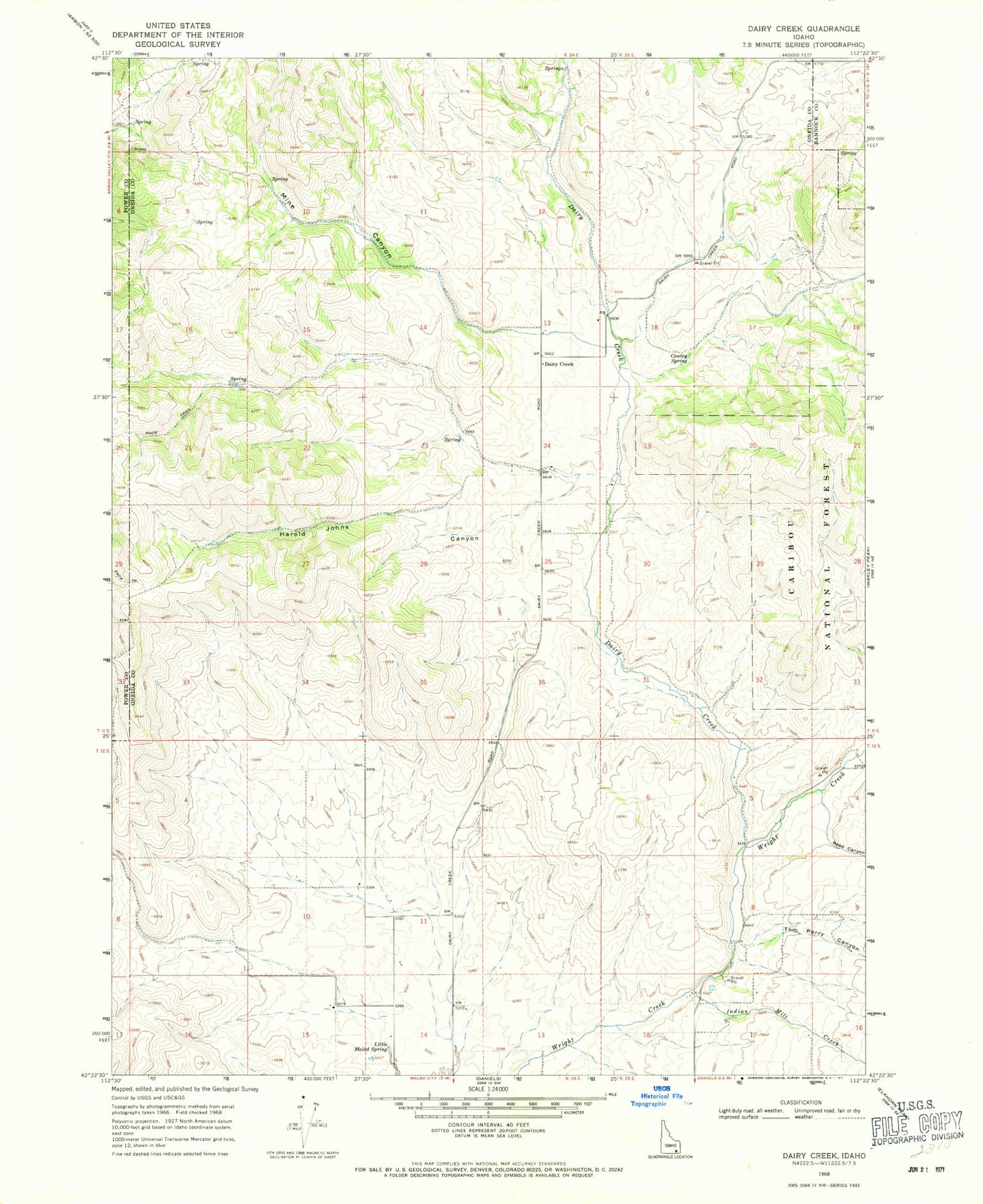 Classic USGS Dairy Creek Idaho 7.5'x7.5' Topo Map Image
