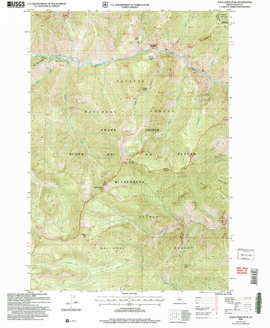 Classic USGS Dave Lewis Peak Idaho 7.5'x7.5' Topo Map Image