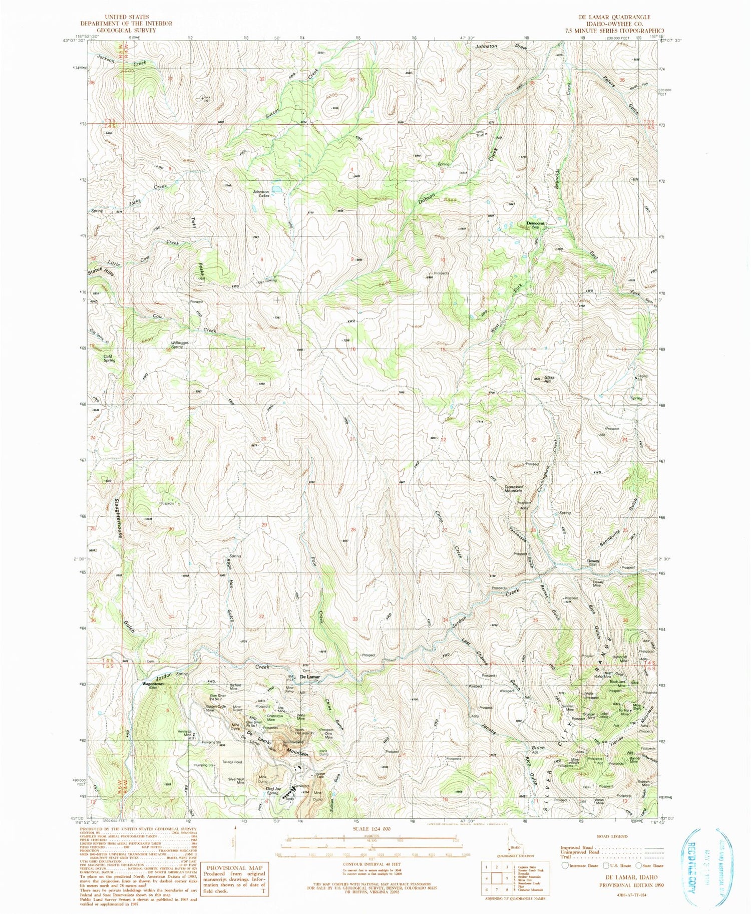 Classic USGS De Lamar Idaho 7.5'x7.5' Topo Map Image
