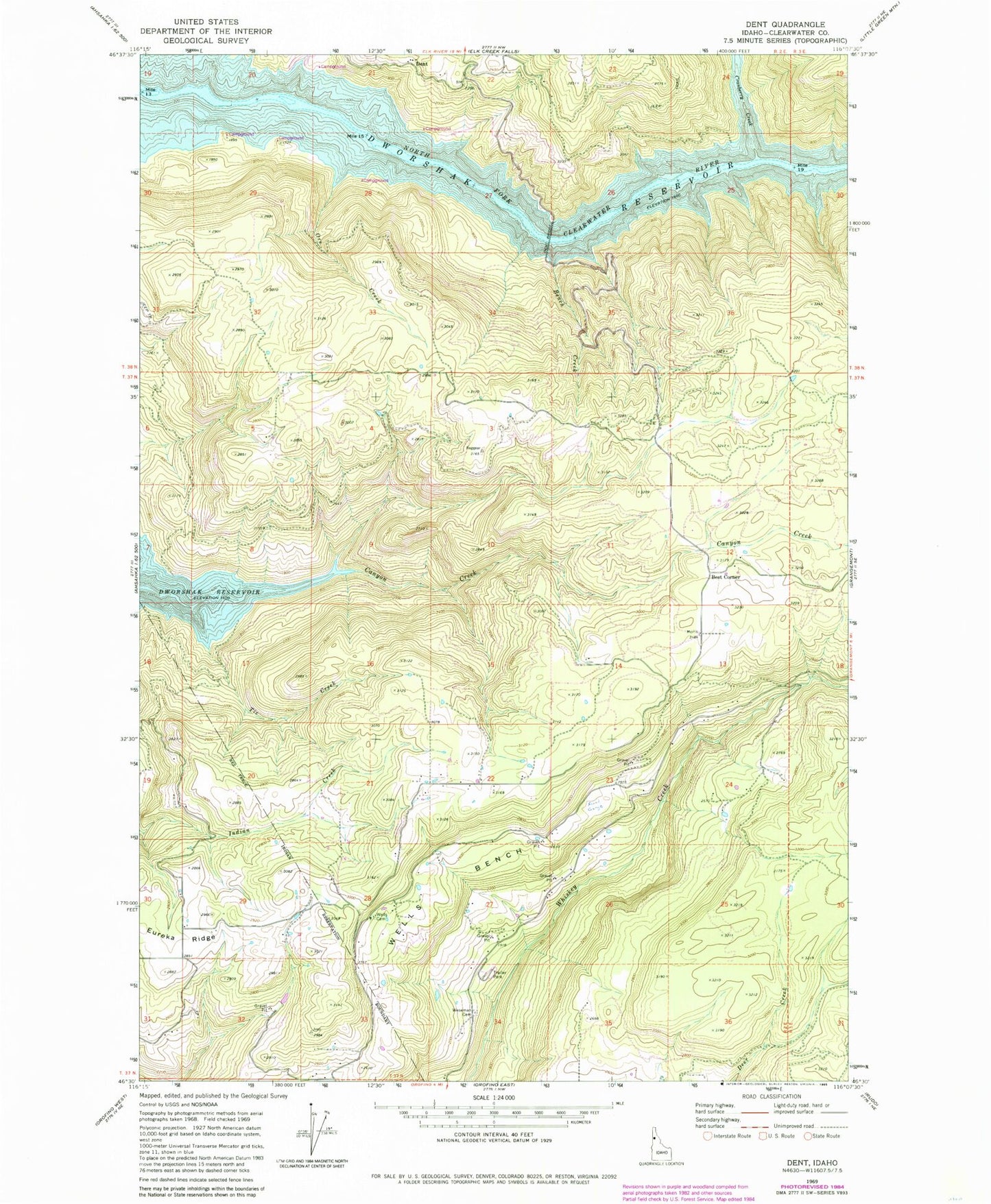 Classic USGS Dent Idaho 7.5'x7.5' Topo Map Image