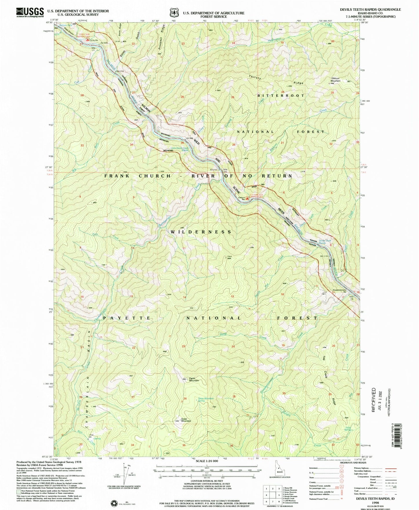 Classic USGS Devils Teeth Rapids Idaho 7.5'x7.5' Topo Map Image
