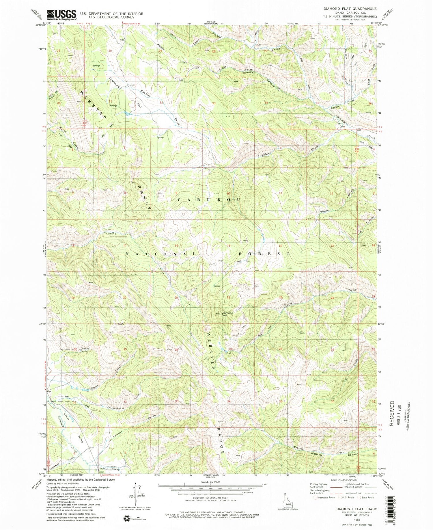 Classic USGS Diamond Flat Idaho 7.5'x7.5' Topo Map Image