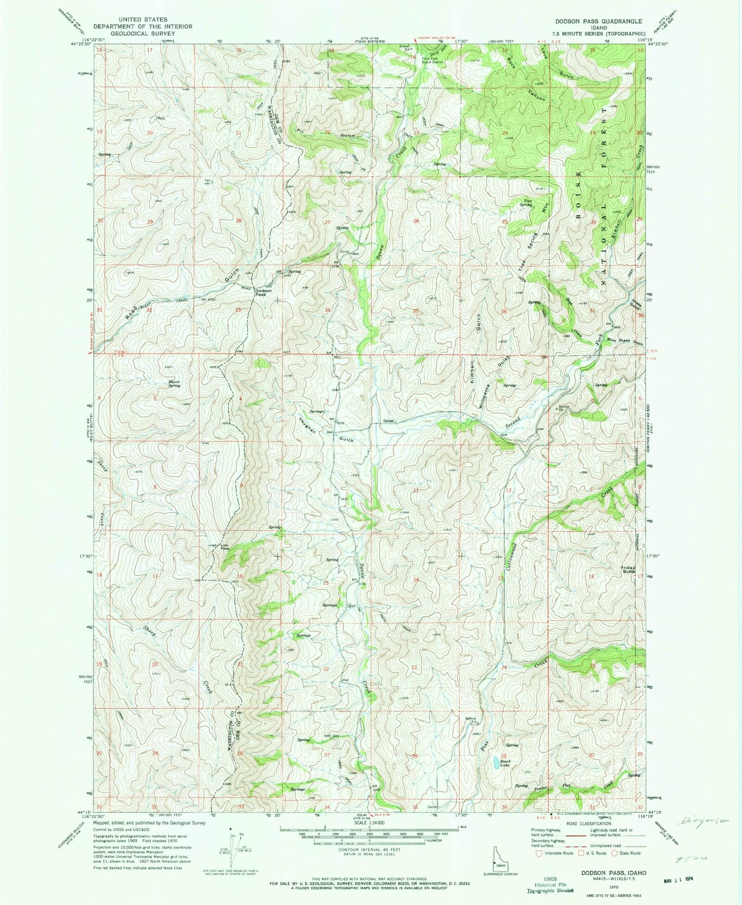 Classic USGS Dodson Pass Idaho 7.5'x7.5' Topo Map Image