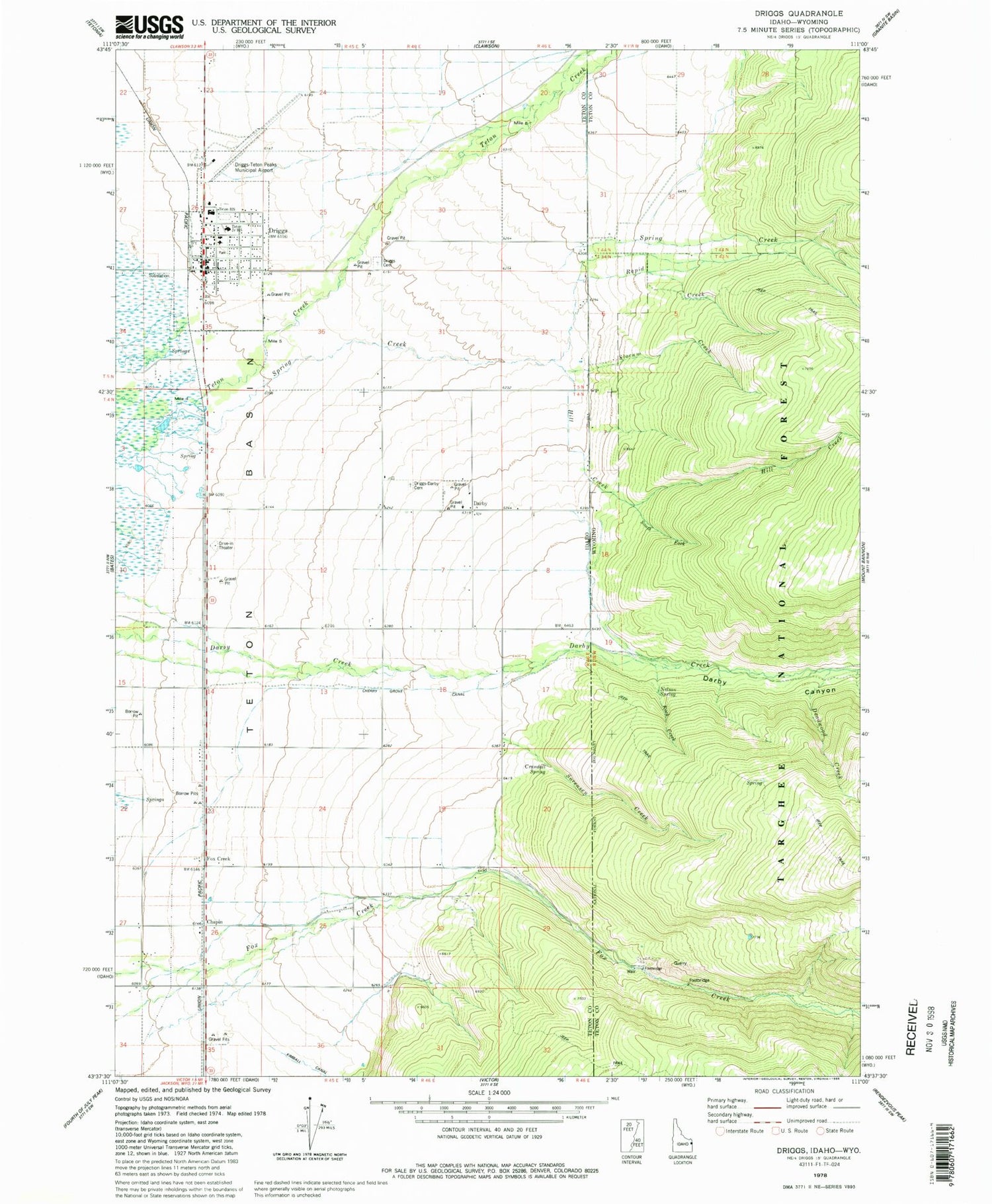 Classic USGS Driggs Idaho 7.5'x7.5' Topo Map Image