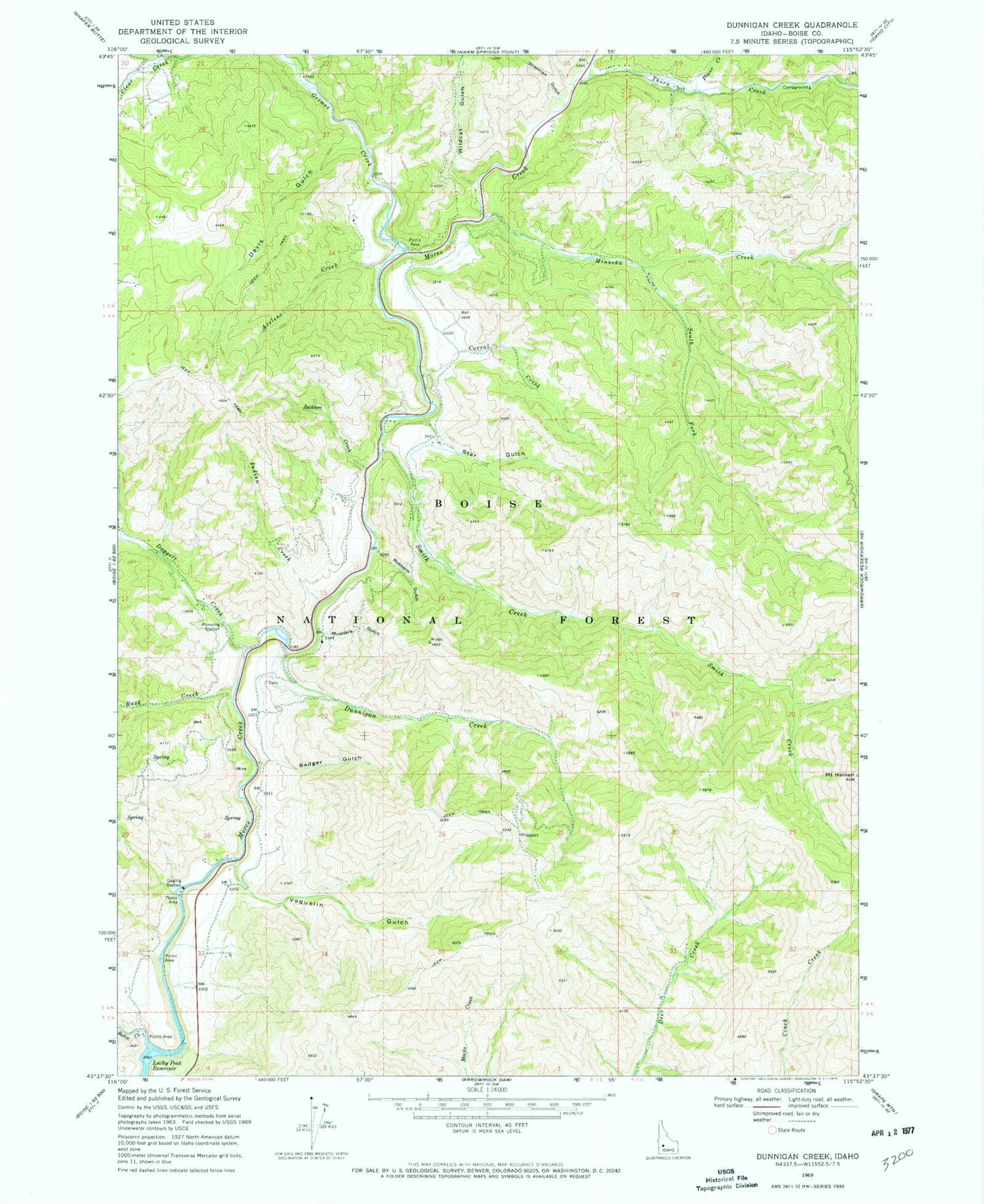 Classic USGS Dunnigan Creek Idaho 7.5'x7.5' Topo Map Image