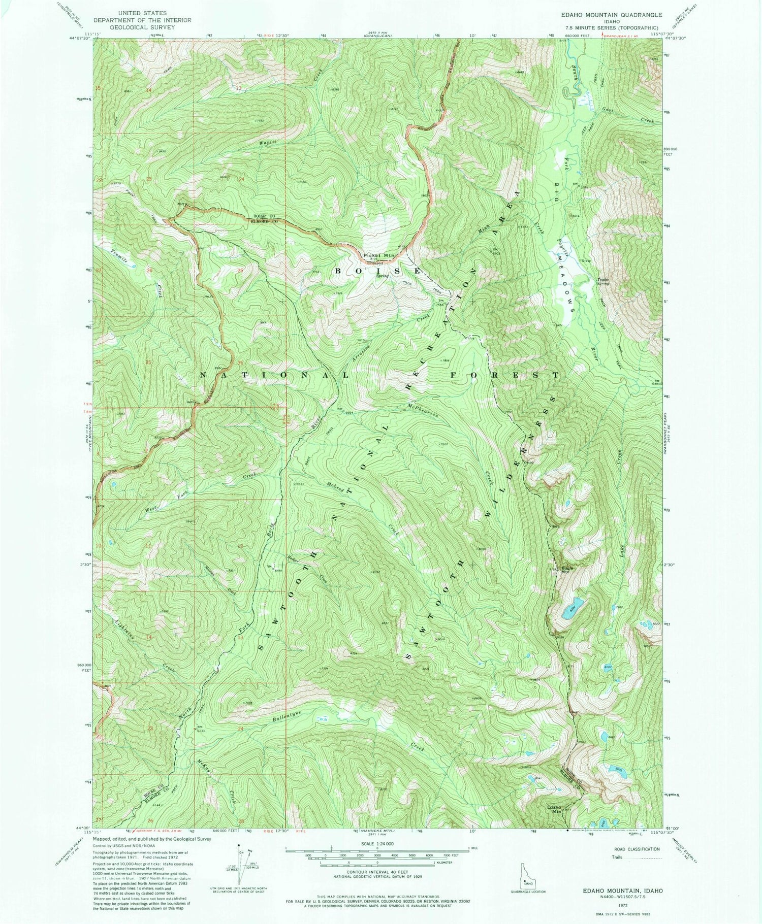 Classic USGS Edaho Mountain Idaho 7.5'x7.5' Topo Map Image