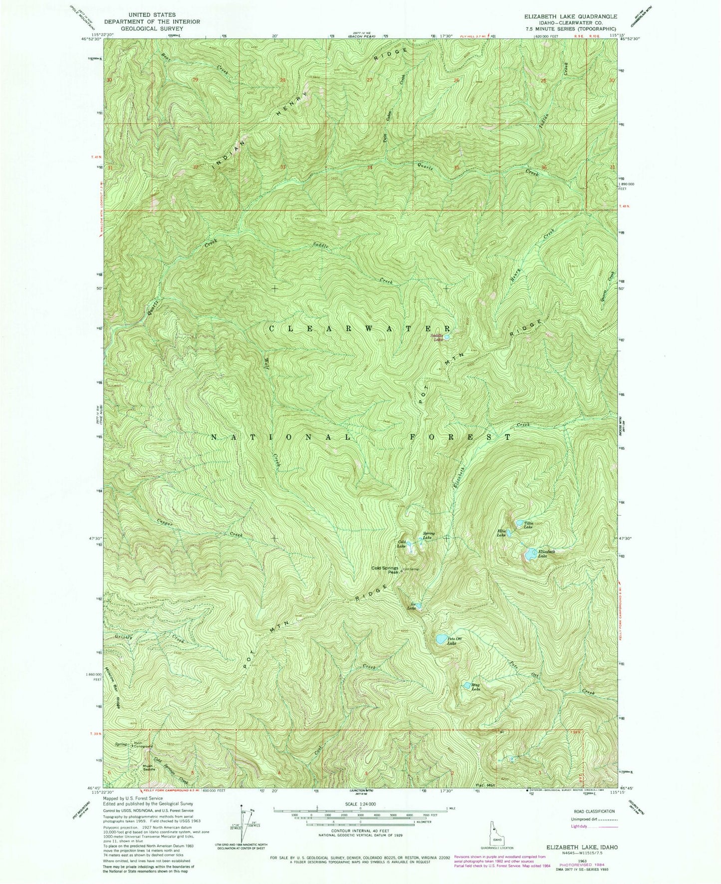 Classic USGS Elizabeth Lake Idaho 7.5'x7.5' Topo Map Image