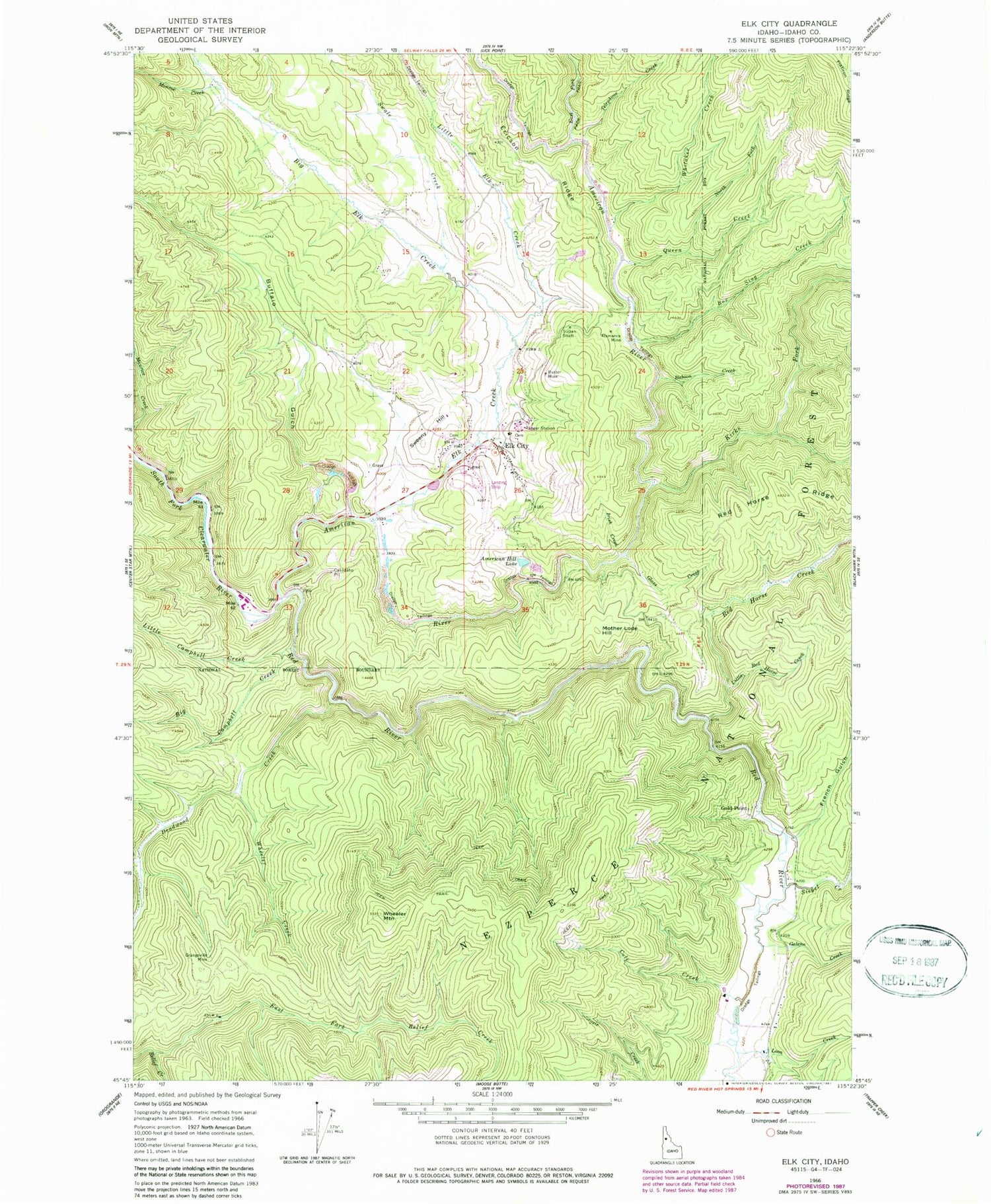 Classic USGS Elk City Idaho 7.5'x7.5' Topo Map Image