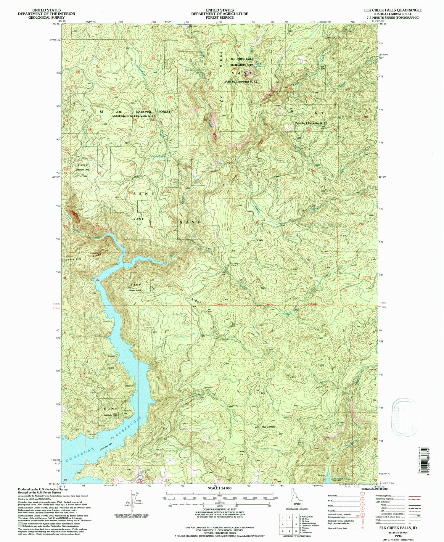 Classic USGS Elk Creek Falls Idaho 7.5'x7.5' Topo Map Image
