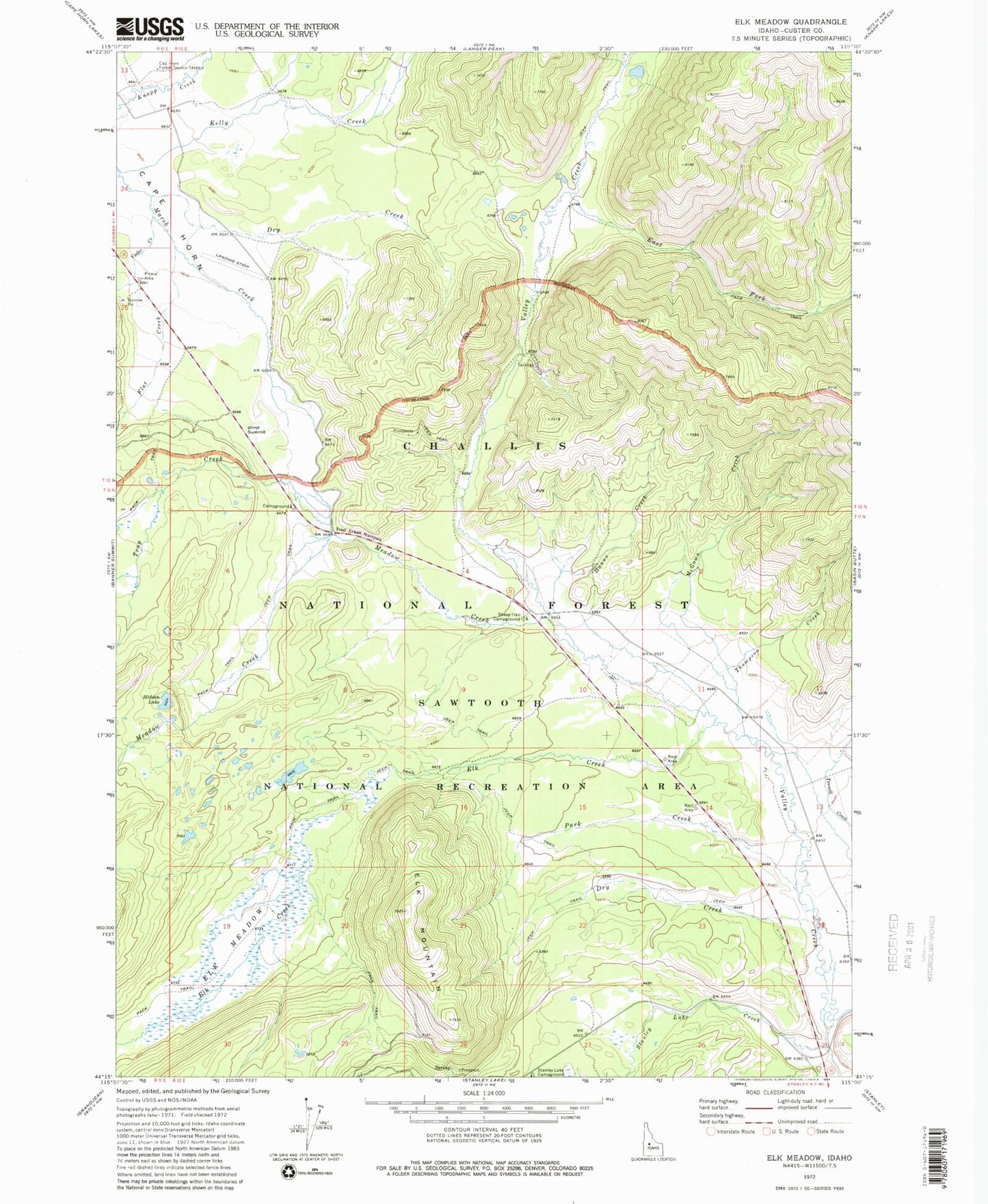 Classic USGS Elk Meadow Idaho 7.5'x7.5' Topo Map Image