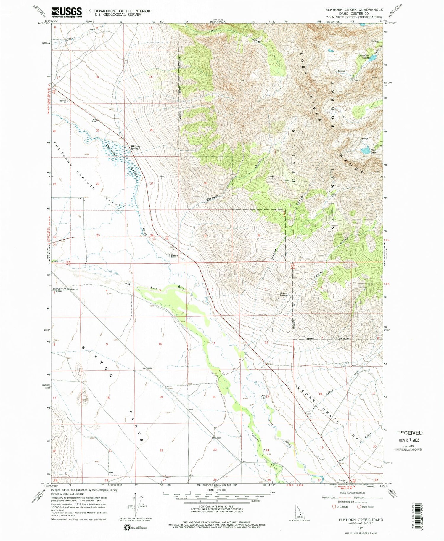 Classic USGS Elkhorn Creek Idaho 7.5'x7.5' Topo Map Image