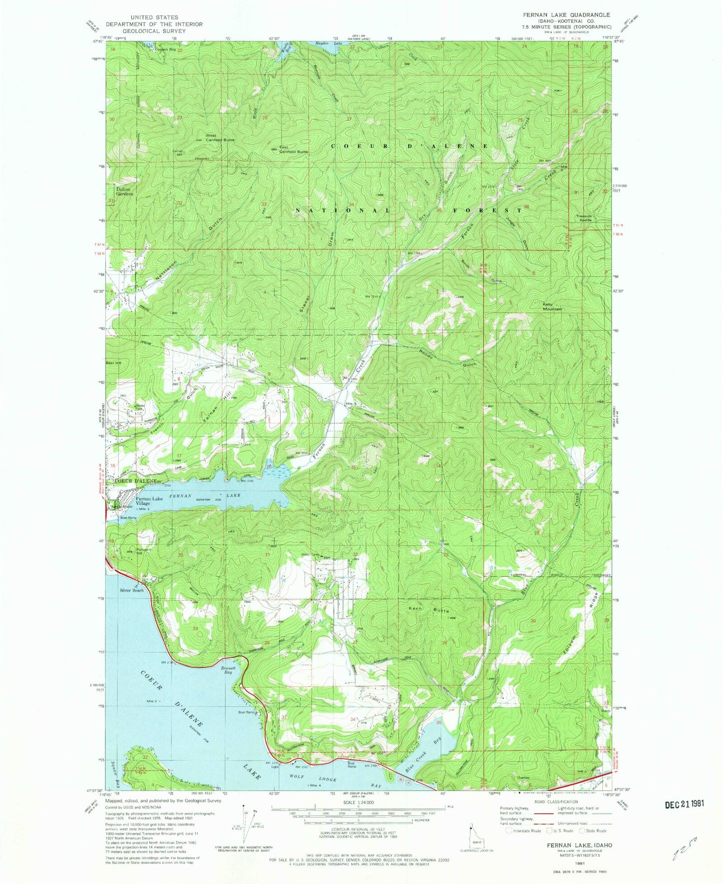 Classic USGS Fernan Lake Idaho 7.5'x7.5' Topo Map Image