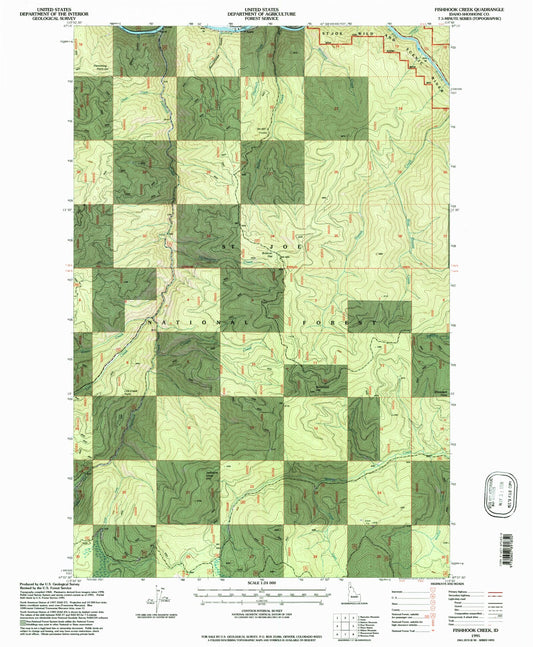 Classic USGS Fishhook Creek Idaho 7.5'x7.5' Topo Map Image