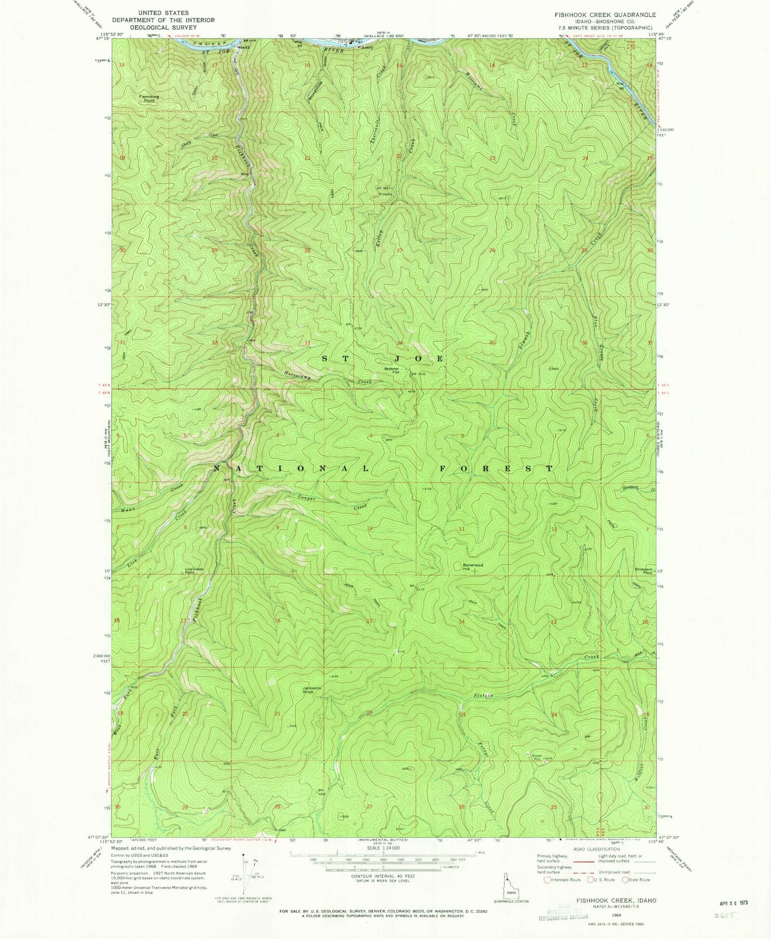 Classic USGS Fishhook Creek Idaho 7.5'x7.5' Topo Map Image