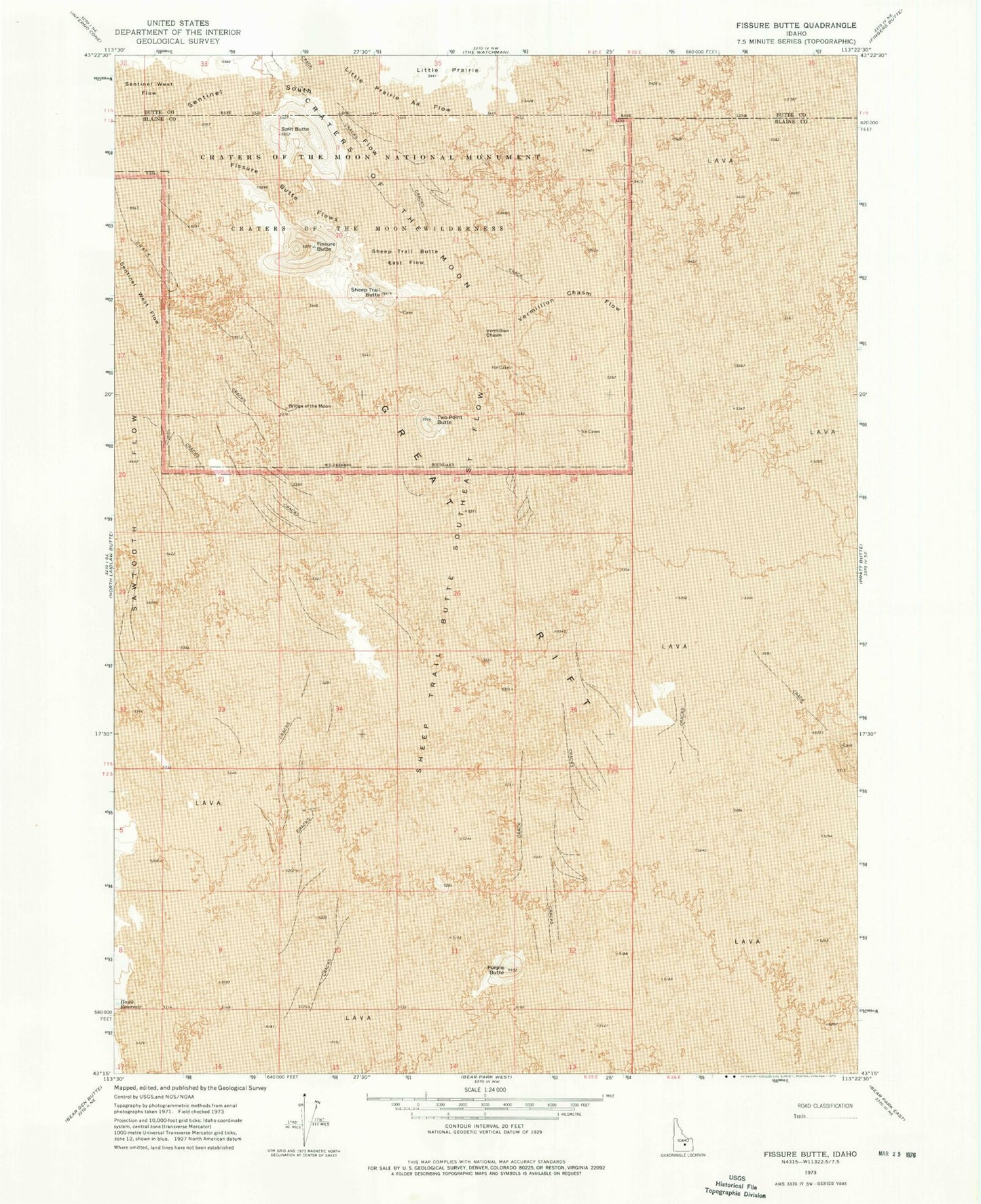 Classic USGS Fissure Butte Idaho 7.5'x7.5' Topo Map Image