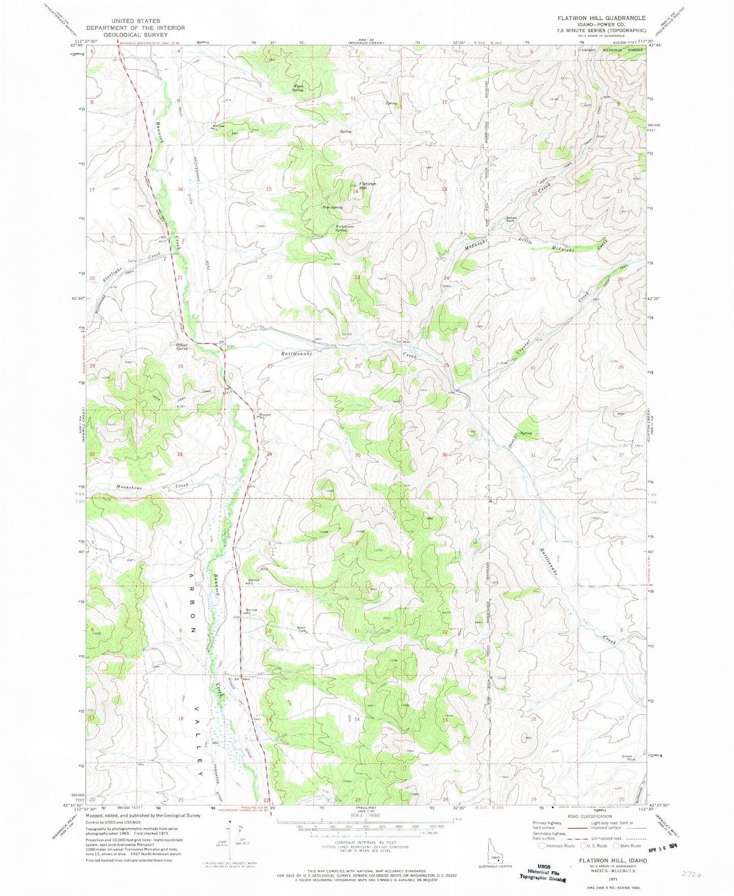 Classic USGS Flatiron Hill Idaho 7.5'x7.5' Topo Map Image