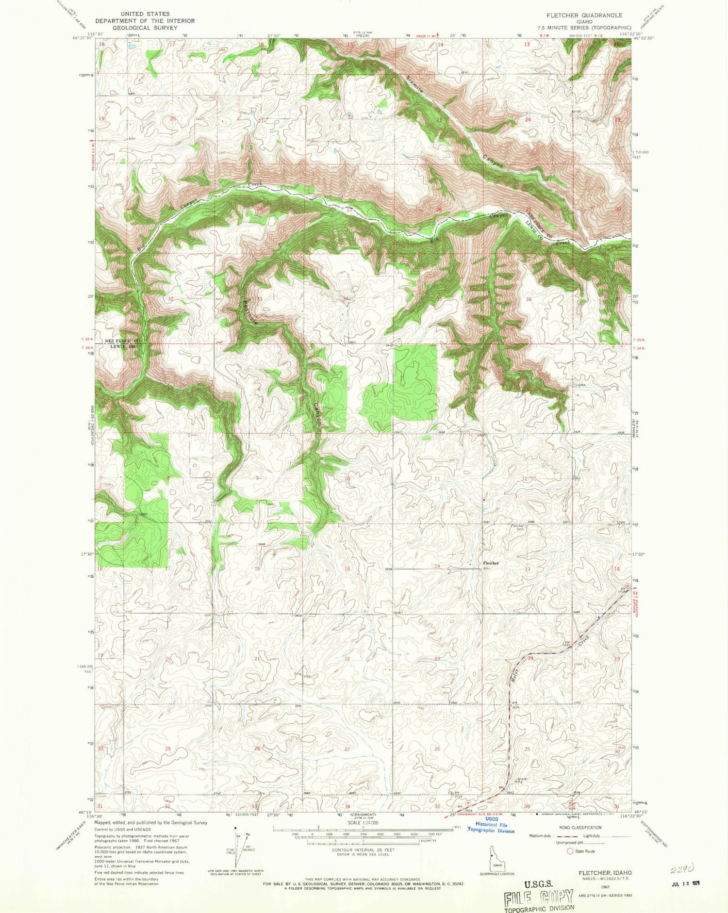Classic USGS Fletcher Idaho 7.5'x7.5' Topo Map Image