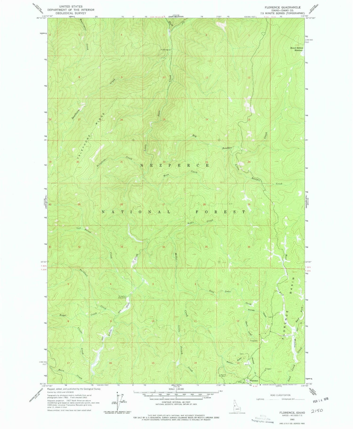 Classic USGS Florence Idaho 7.5'x7.5' Topo Map Image
