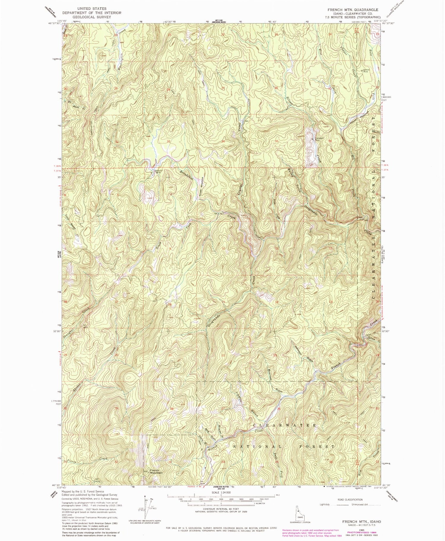 Classic USGS French Mountain Idaho 7.5'x7.5' Topo Map Image