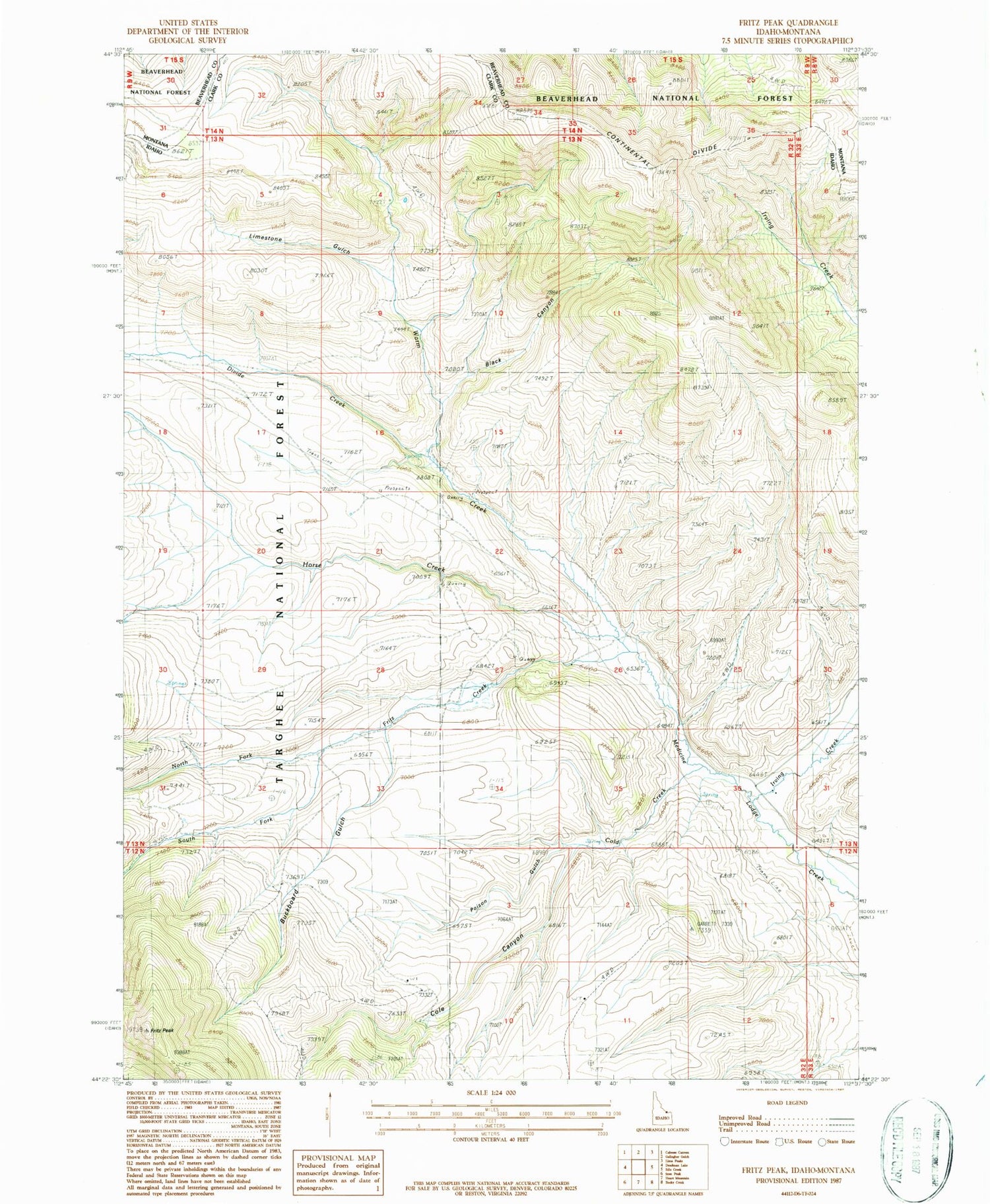 Classic USGS Fritz Peak Idaho 7.5'x7.5' Topo Map Image