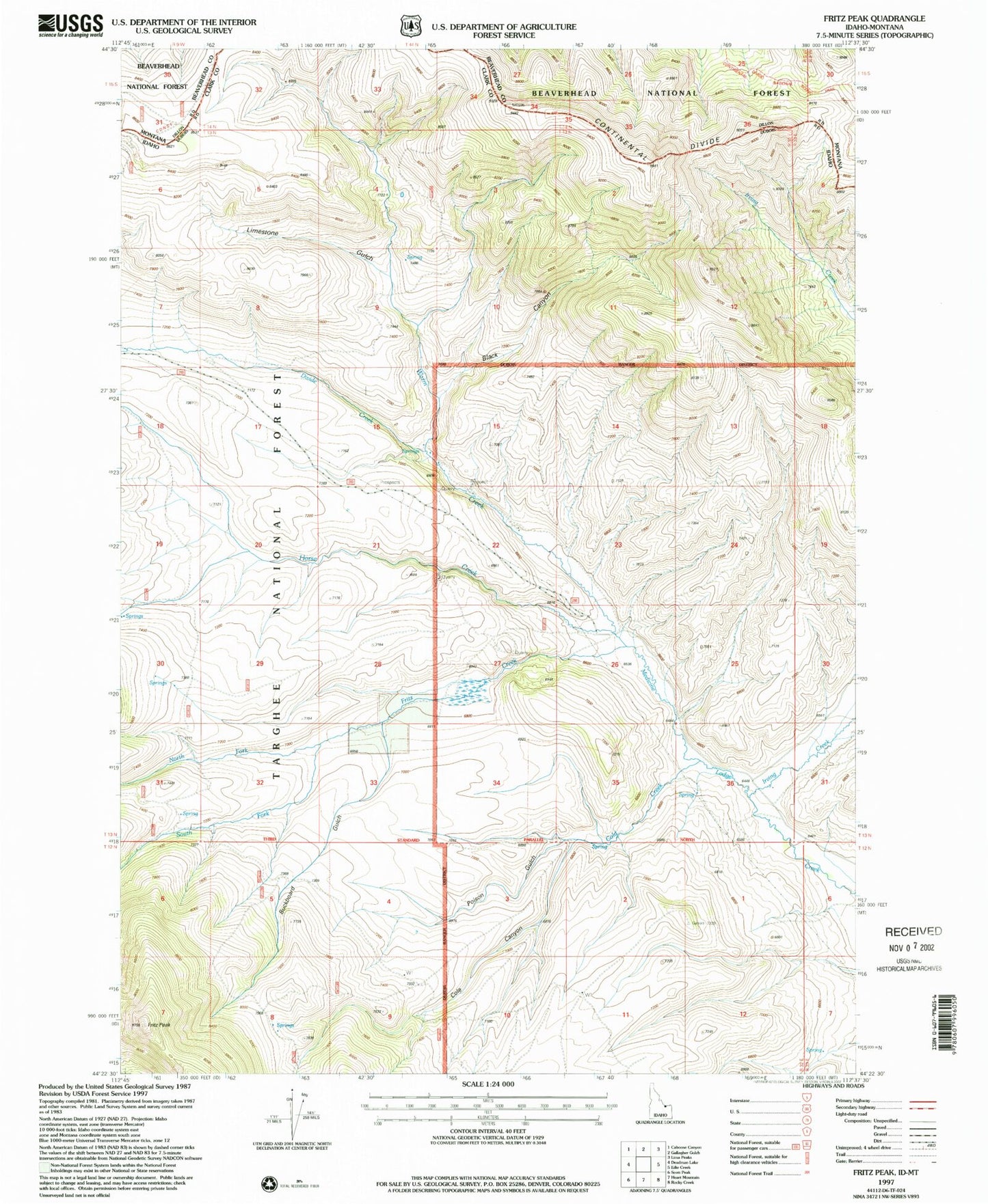 Classic USGS Fritz Peak Idaho 7.5'x7.5' Topo Map Image