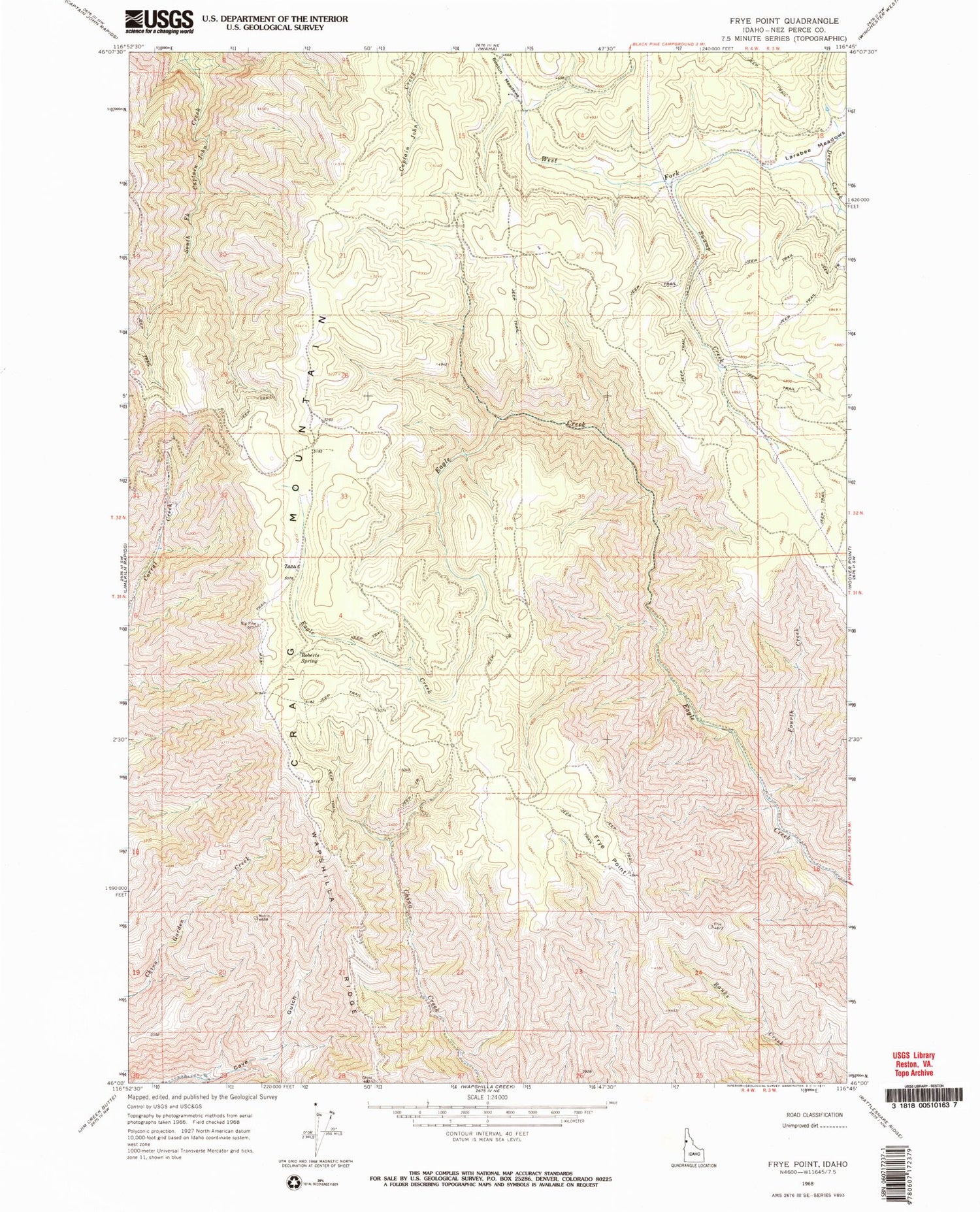 Classic USGS Frye Point Idaho 7.5'x7.5' Topo Map Image