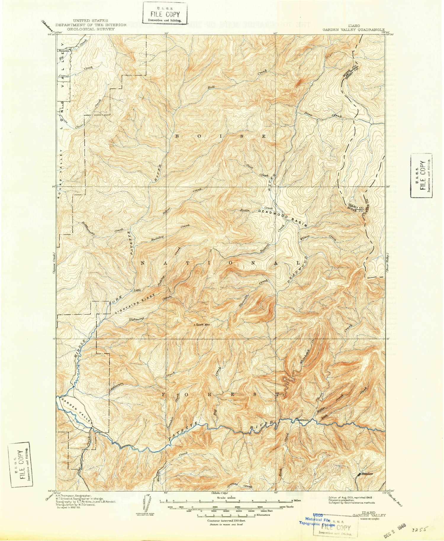 Historic 1909 Garden Valley Idaho 30'x30' Topo Map Image