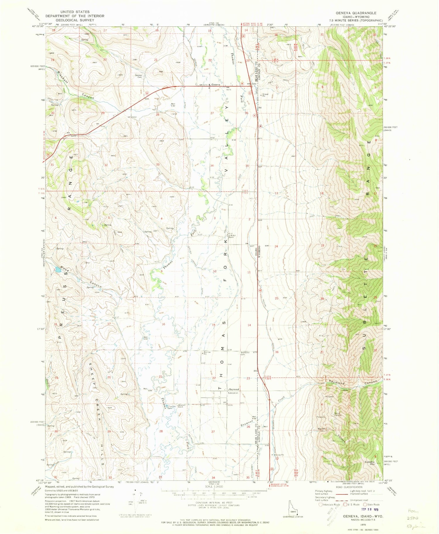 Classic USGS Geneva Idaho 7.5'x7.5' Topo Map Image