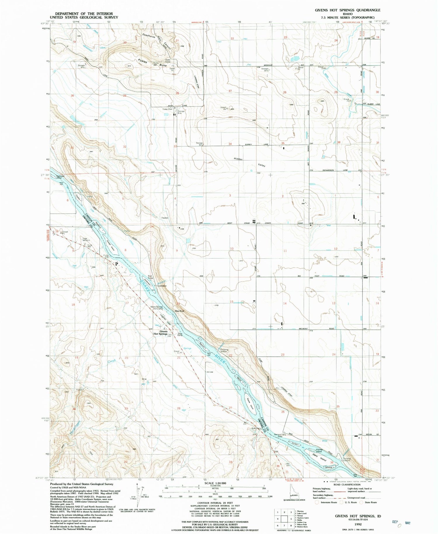 Classic USGS Givens Hot Springs Idaho 7.5'x7.5' Topo Map Image