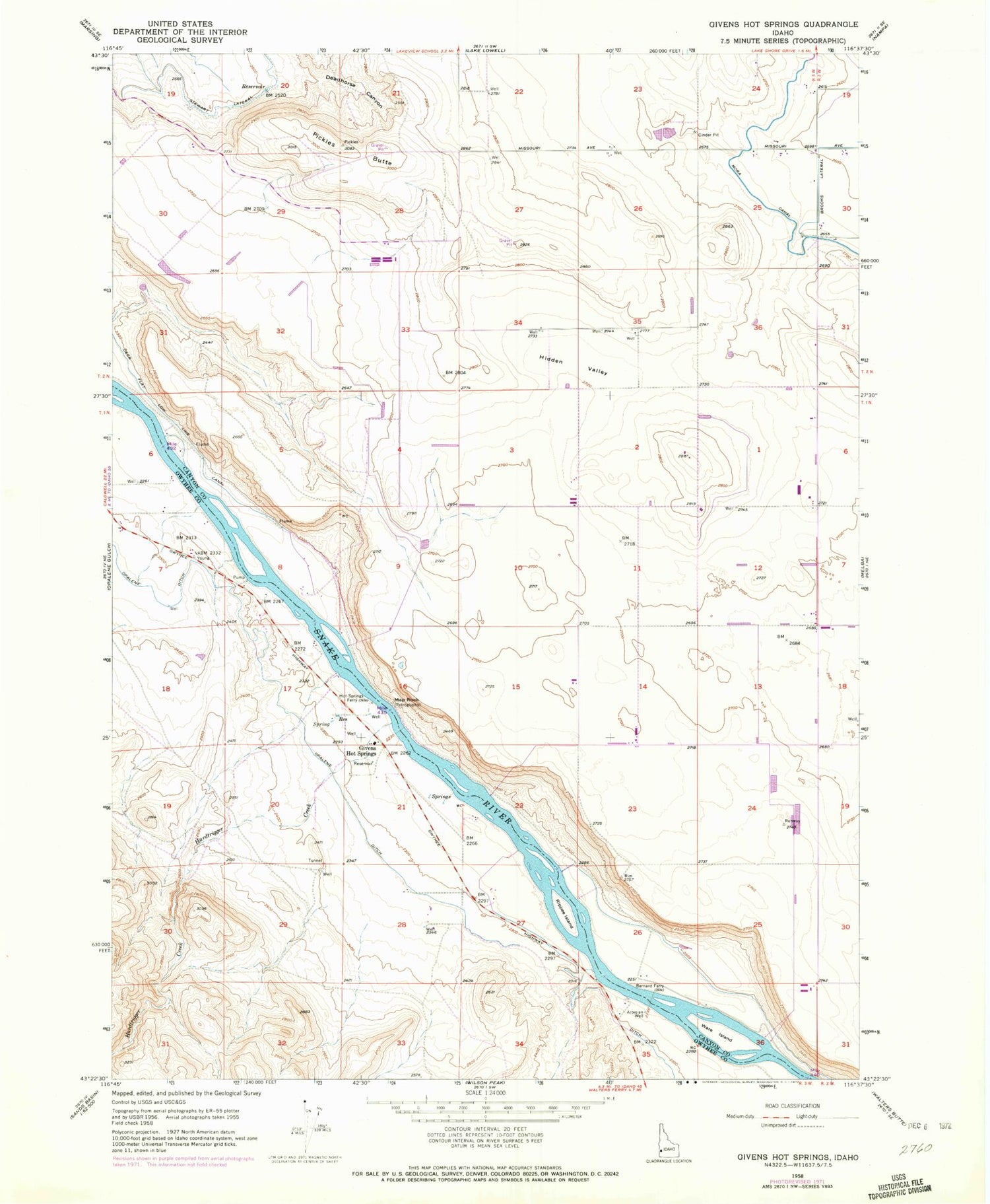 Classic USGS Givens Hot Springs Idaho 7.5'x7.5' Topo Map Image