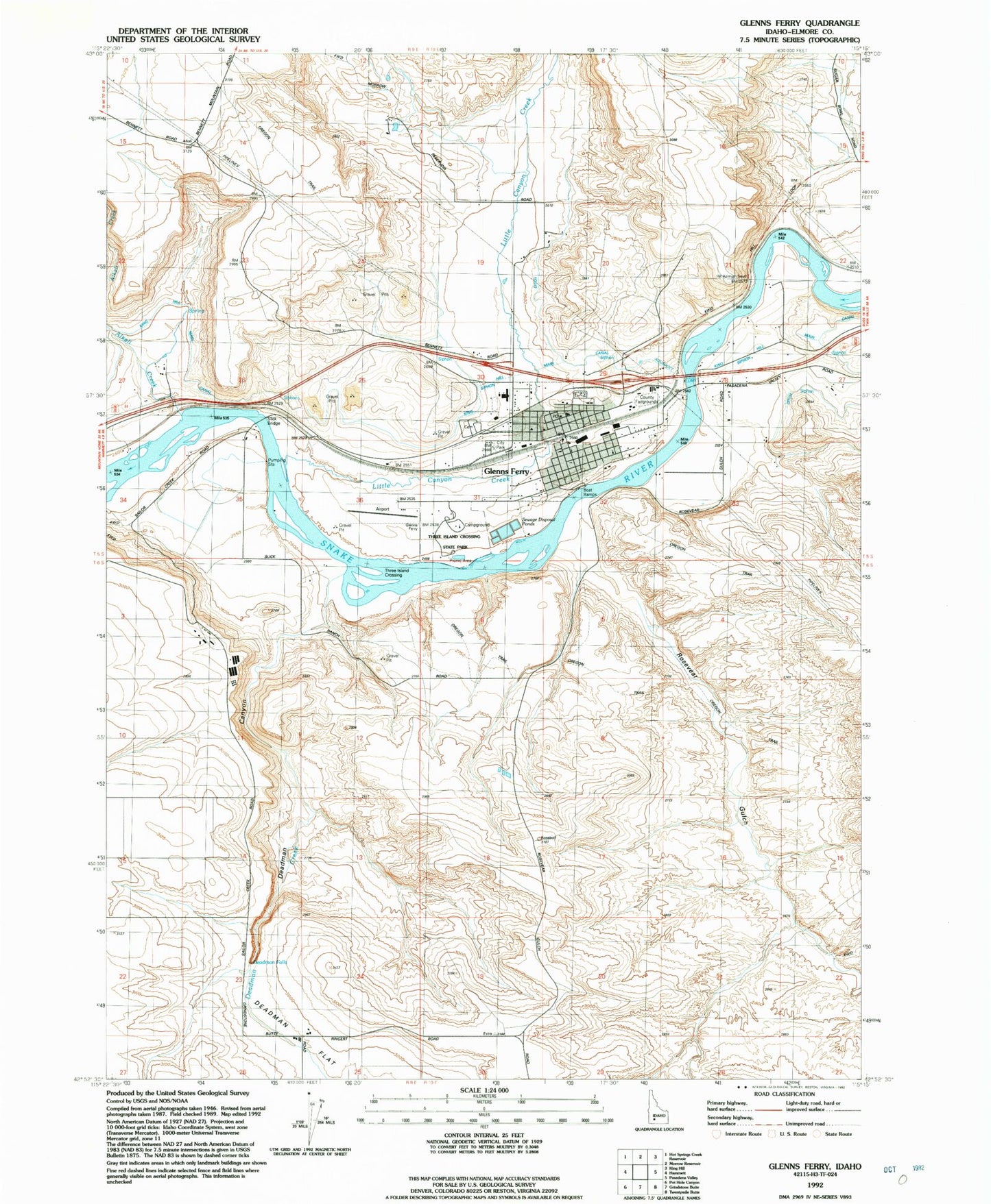 Classic USGS Glenns Ferry Idaho 7.5'x7.5' Topo Map Image