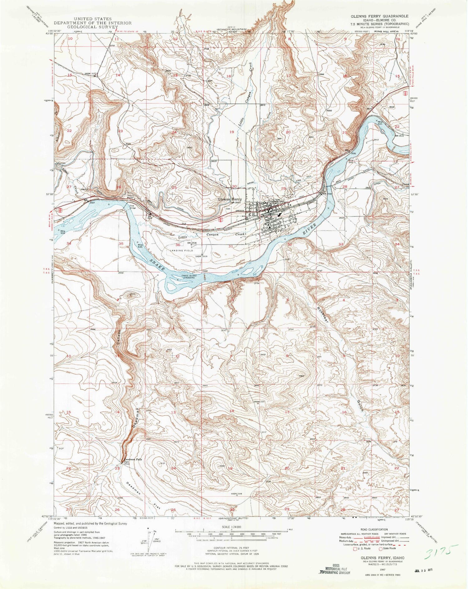 Classic USGS Glenns Ferry Idaho 7.5'x7.5' Topo Map Image