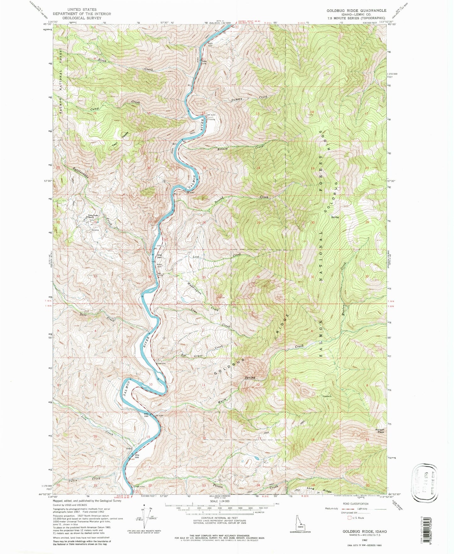 Classic USGS Goldbug Ridge Idaho 7.5'x7.5' Topo Map Image