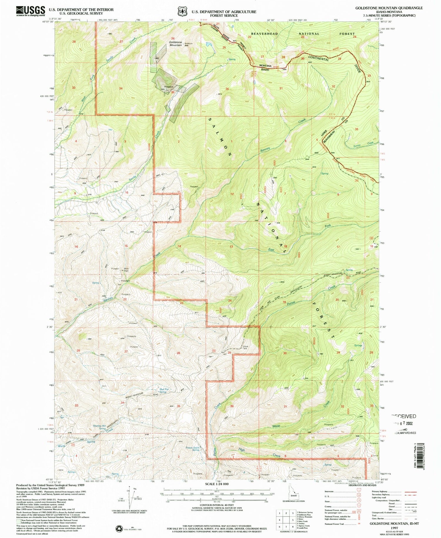 Classic USGS Goldstone Mountain Idaho 7.5'x7.5' Topo Map Image
