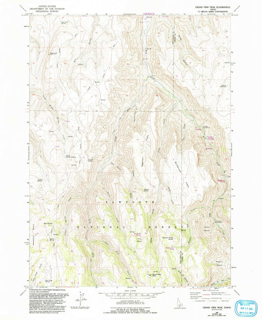 Classic USGS Grand View Peak Idaho 7.5'x7.5' Topo Map Image