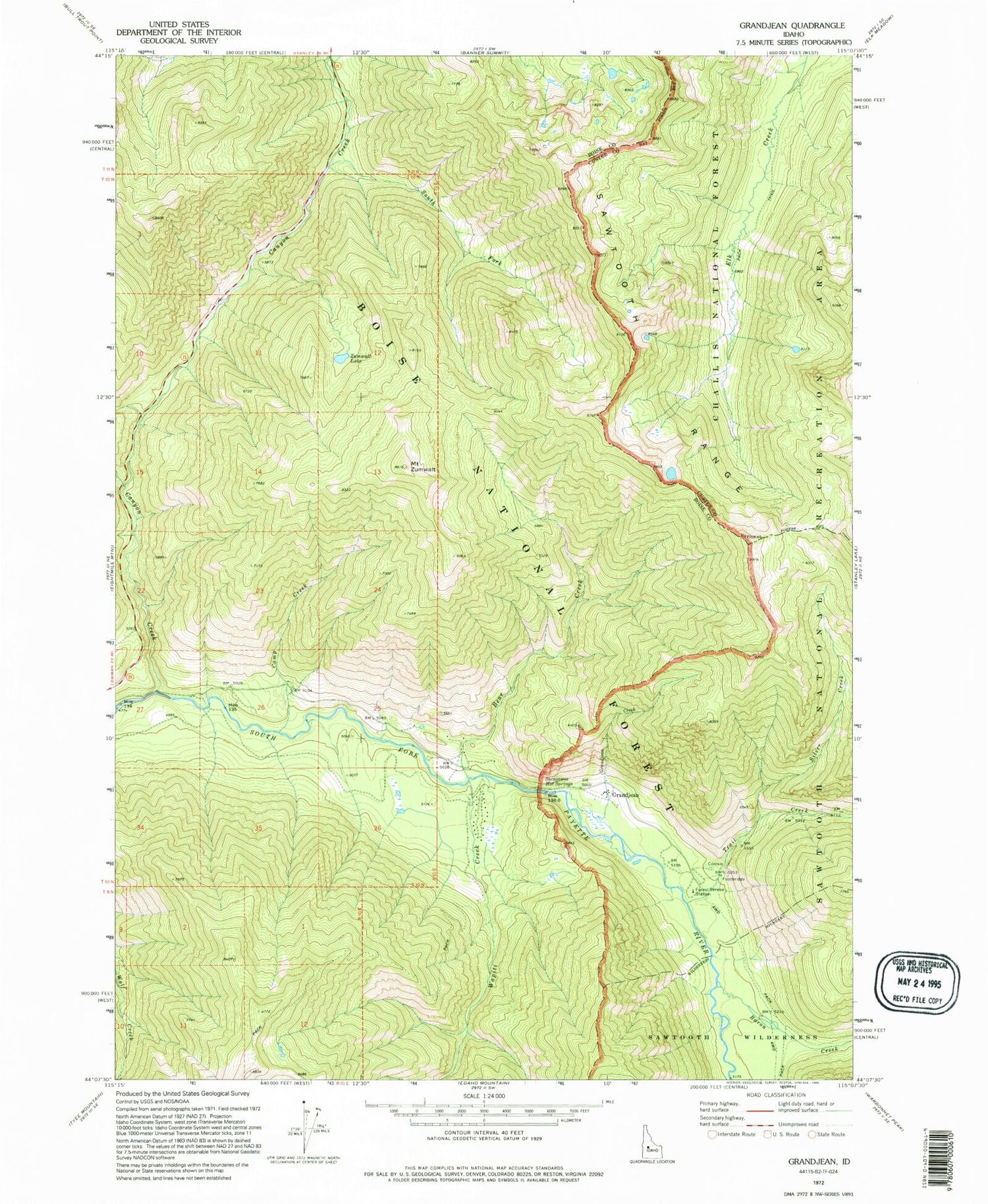 Classic USGS Grandjean Idaho 7.5'x7.5' Topo Map Image