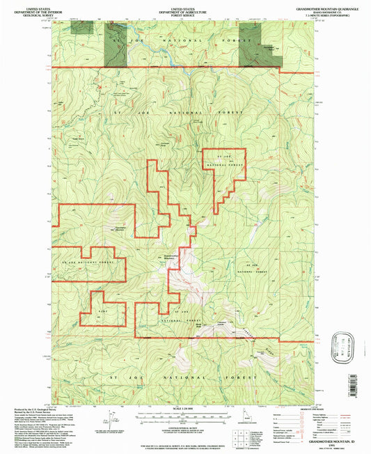 Classic USGS Grandmother Mountain Idaho 7.5'x7.5' Topo Map Image