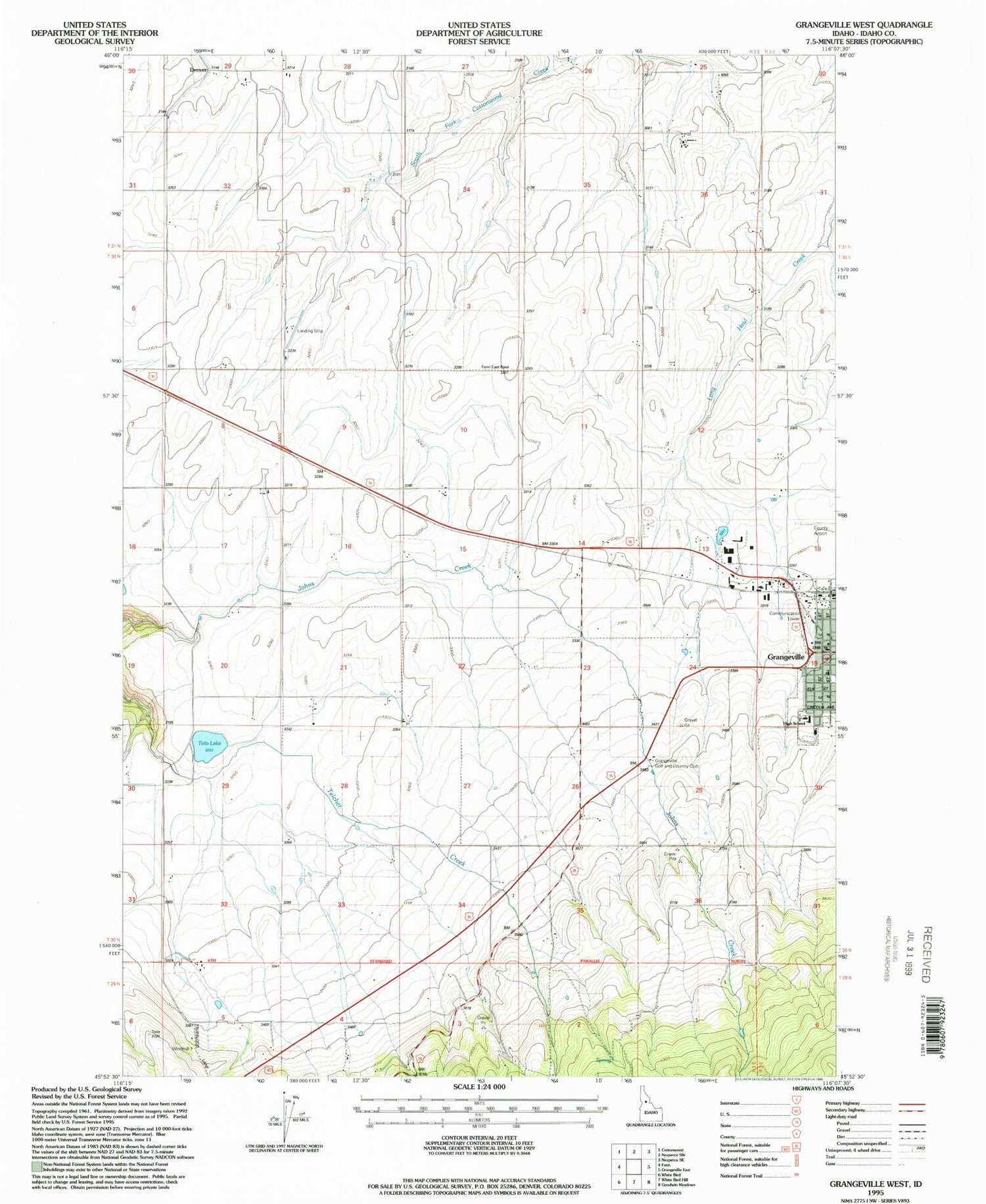 Classic USGS Grangeville West Idaho 7.5'x7.5' Topo Map Image