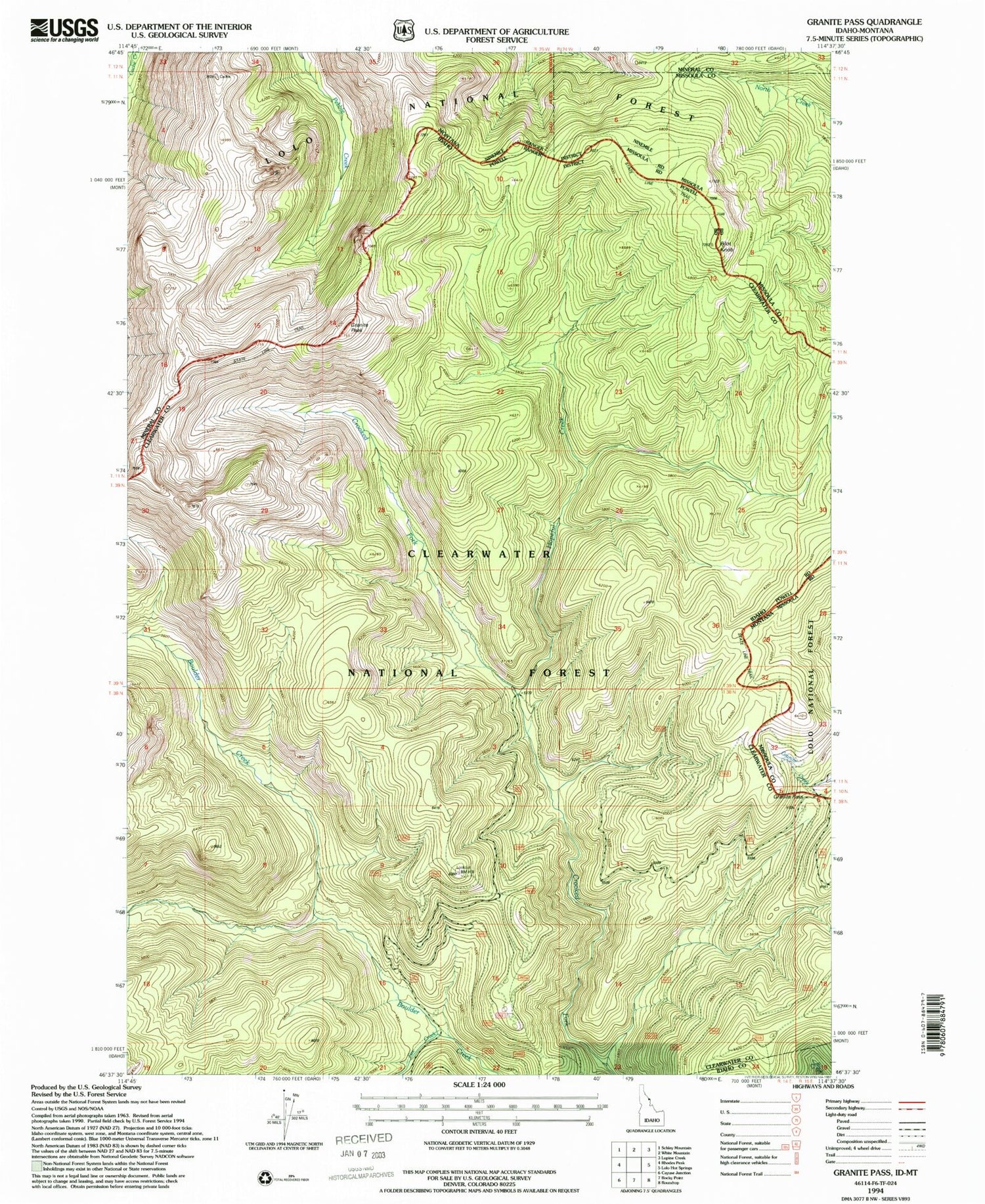 Classic USGS Granite Pass Idaho 7.5'x7.5' Topo Map Image